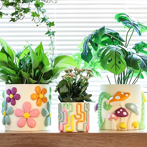 Miniatura 4 de GUGUGO Macetas de líneas pastel de 8 pulgadas, bonita maceta única de arcoíris con drenaje, macetas eclécticas retro vintage para plantas de