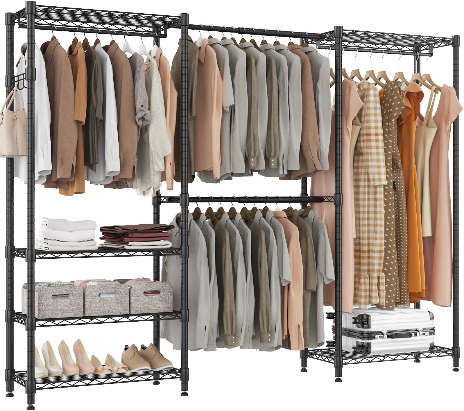 BATHWA Adjustable Heavy Duty Wardrobe Closet Organizer - Expandable Metal Clothing Rack with 4 Hanging Rods, 6 Shelves, and 4 Hangers, Freestanding Closet System 70.9”H x (68.9”-90.2”)L x 14”D, Black