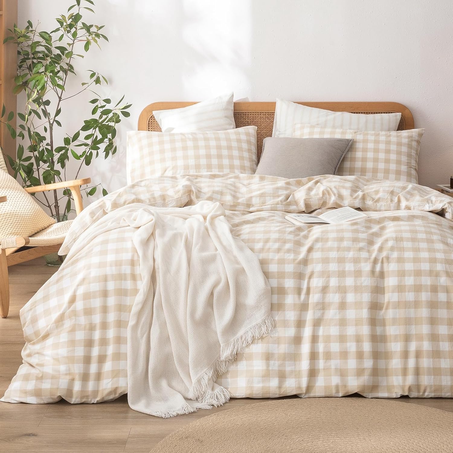 BESTOUCH Duvet Cover Set 100% Washed Cotton Linen Feel Super Soft Comfortable Chic Lightweight 3 PCs Home Bedding Set Almond Grey & White Grid Queen