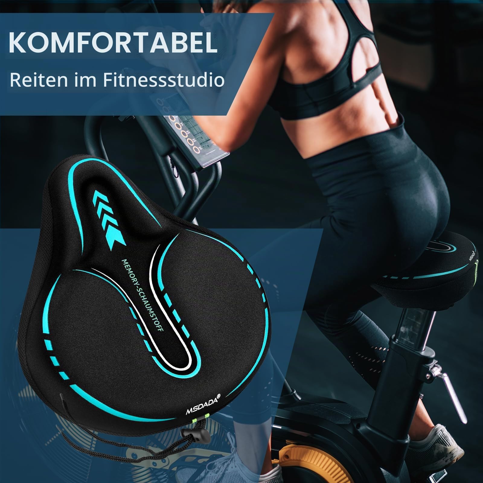 MSDADA Gel Gepolsterter Fahrradsattelbezug, Extra Weicher Schaum Breit Groß Sattelbezug für MTB, Heimtrainer Fahrrad, Peloton, Bequem Sattelpolster für Damen Herren Senioren (Schwarz/Turquoise) | Gel-Polsterung; Anti-Rutsch-Design; Atmungsaktives Lycra; U