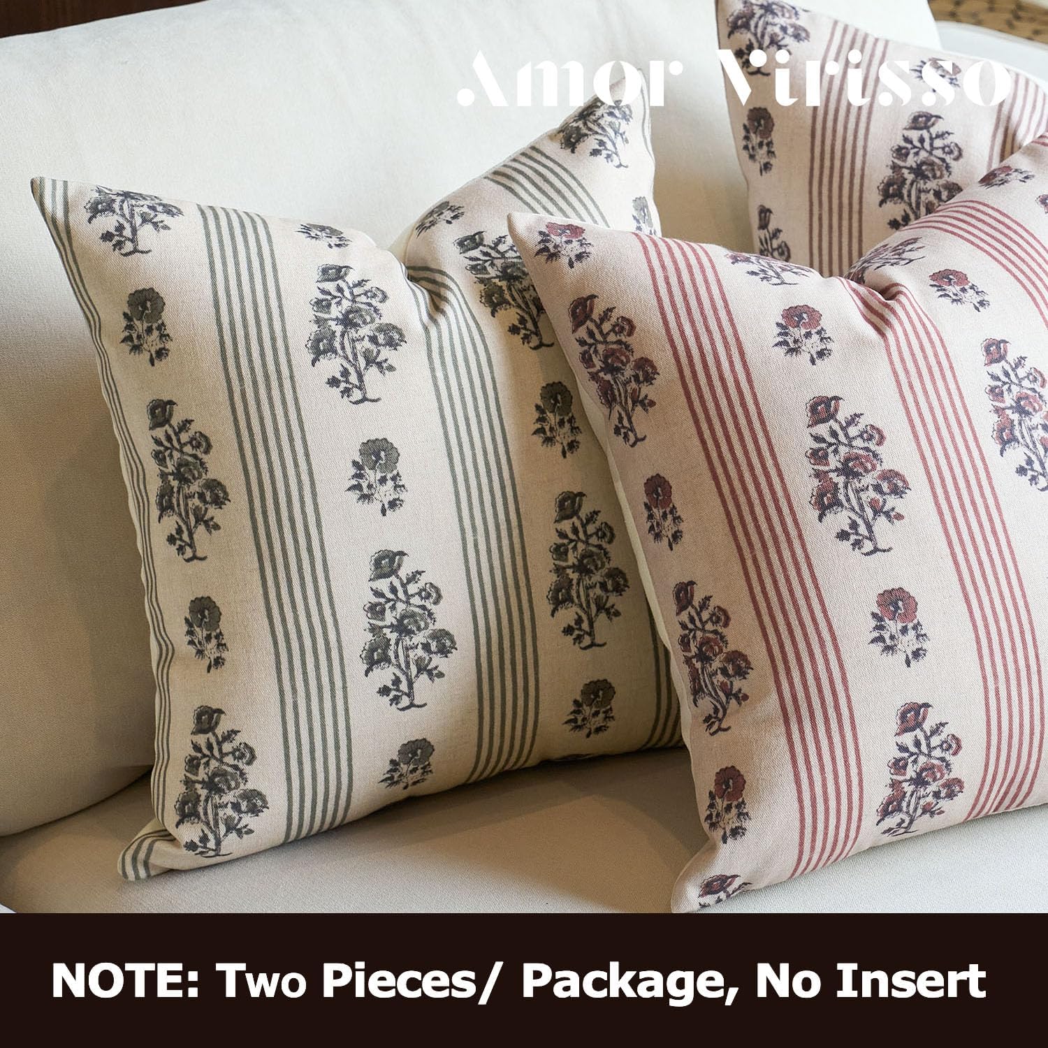 Amor Virisso Floral Throw Pillow Covers 18x18 Set of 2 Block Print Pillow Covers Neutral Floral Striped Farmhouse Decorative Pillow Covers for Sofa Couch Bed, Dusty Green - Image 6