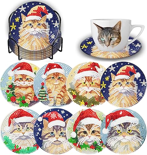Juego de 8 posavasos de arte de diamantes de gato de Navidad con soporte, posavasos de pintura de diamante de gato de Navidad, posavasos de pintura
