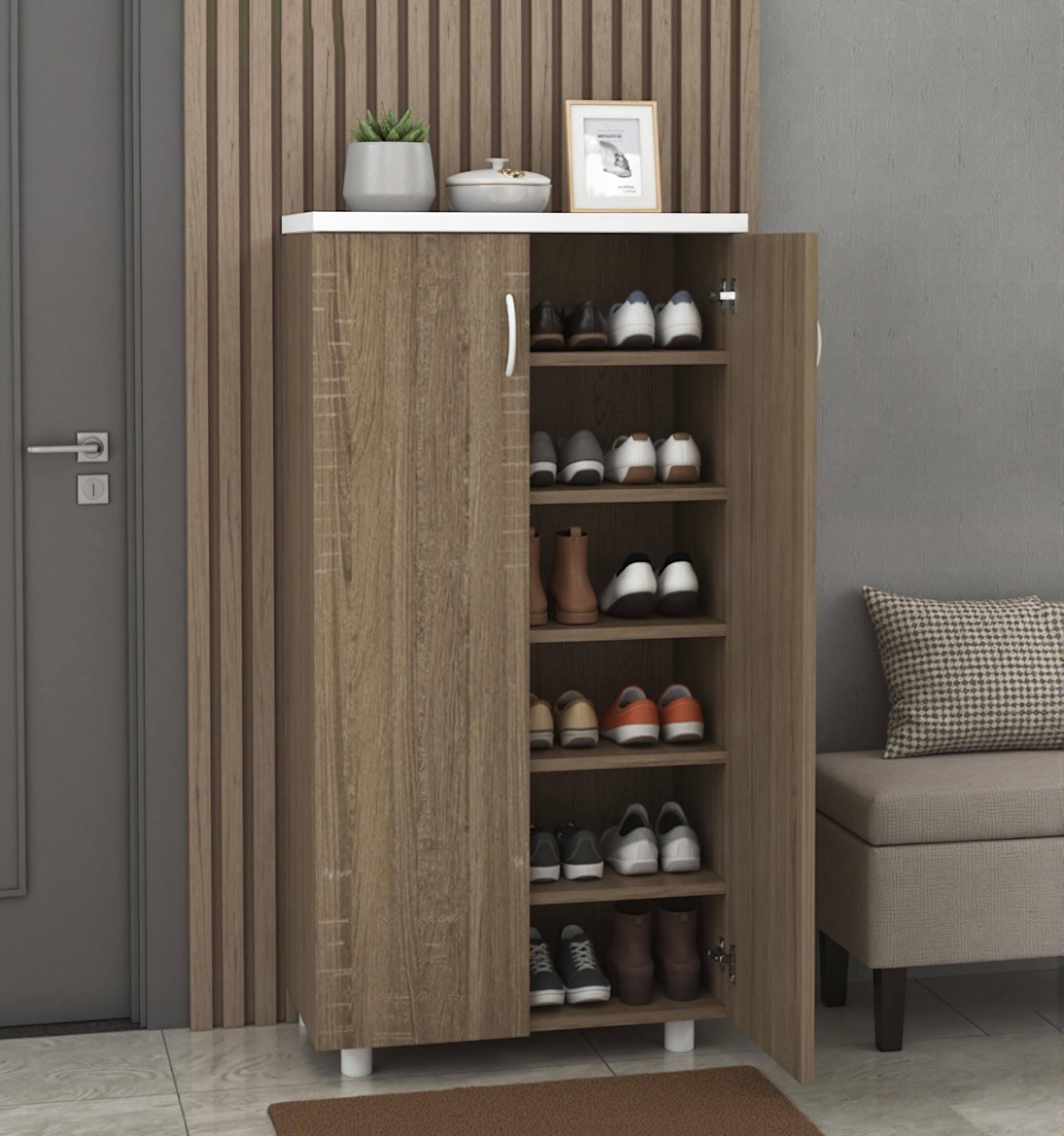 Furniva Fusion 2-Door Engineered Wood Shoe Cabinet | Modern Homes | Shoe Rack Organizer for Hallways - DIY Assembly (6 Shelves - 2 Doors) Sonoma Oak Finish-image-23