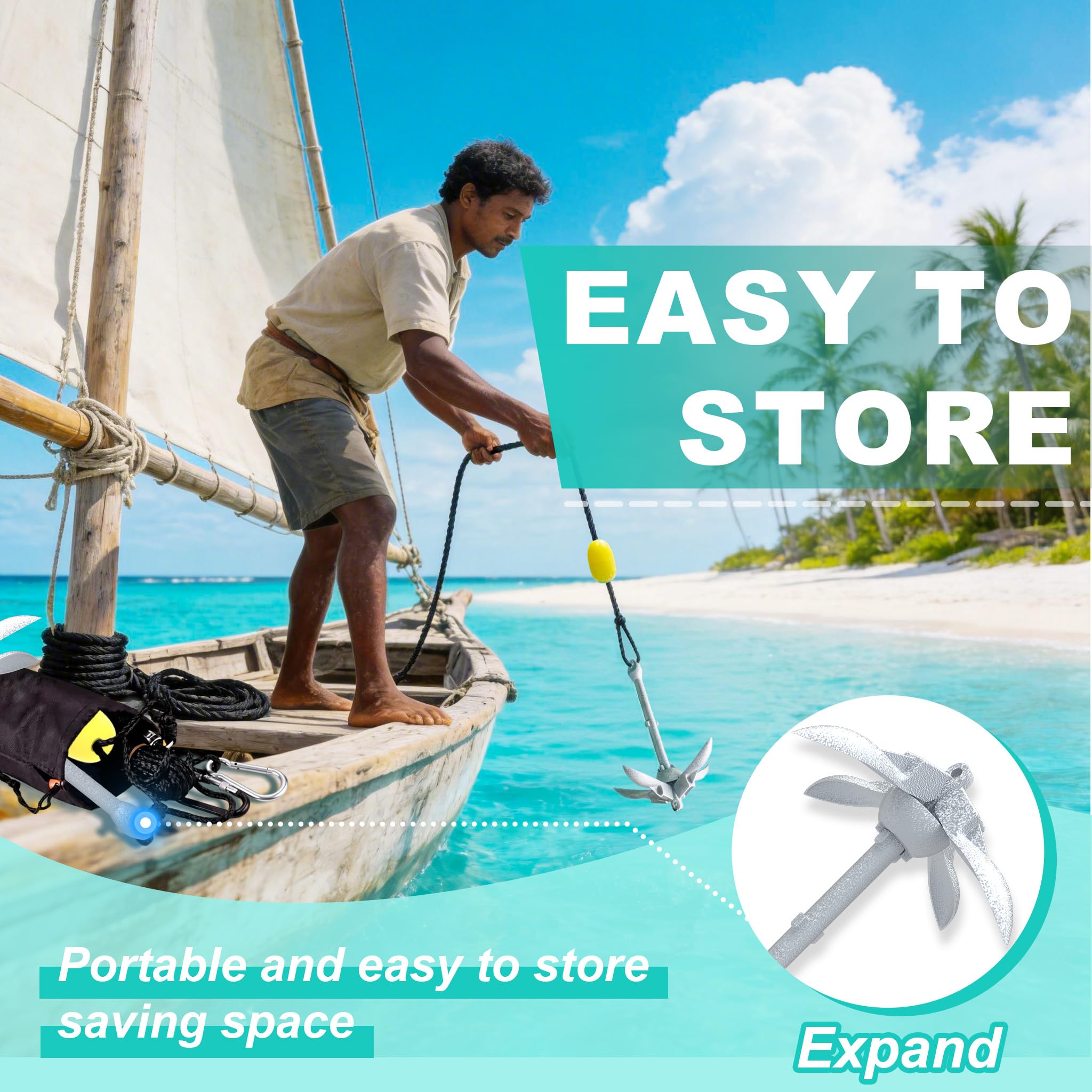 UISEBRT Ancoraggio pieghevole per barche in ghisa zincata a caldo, 0,7/1,5 kg, con corda di ancoraggio da 10 m, moschettone, boa e borsa per il trasporto impermeabile per barca gonfiabile, kayak, SUP