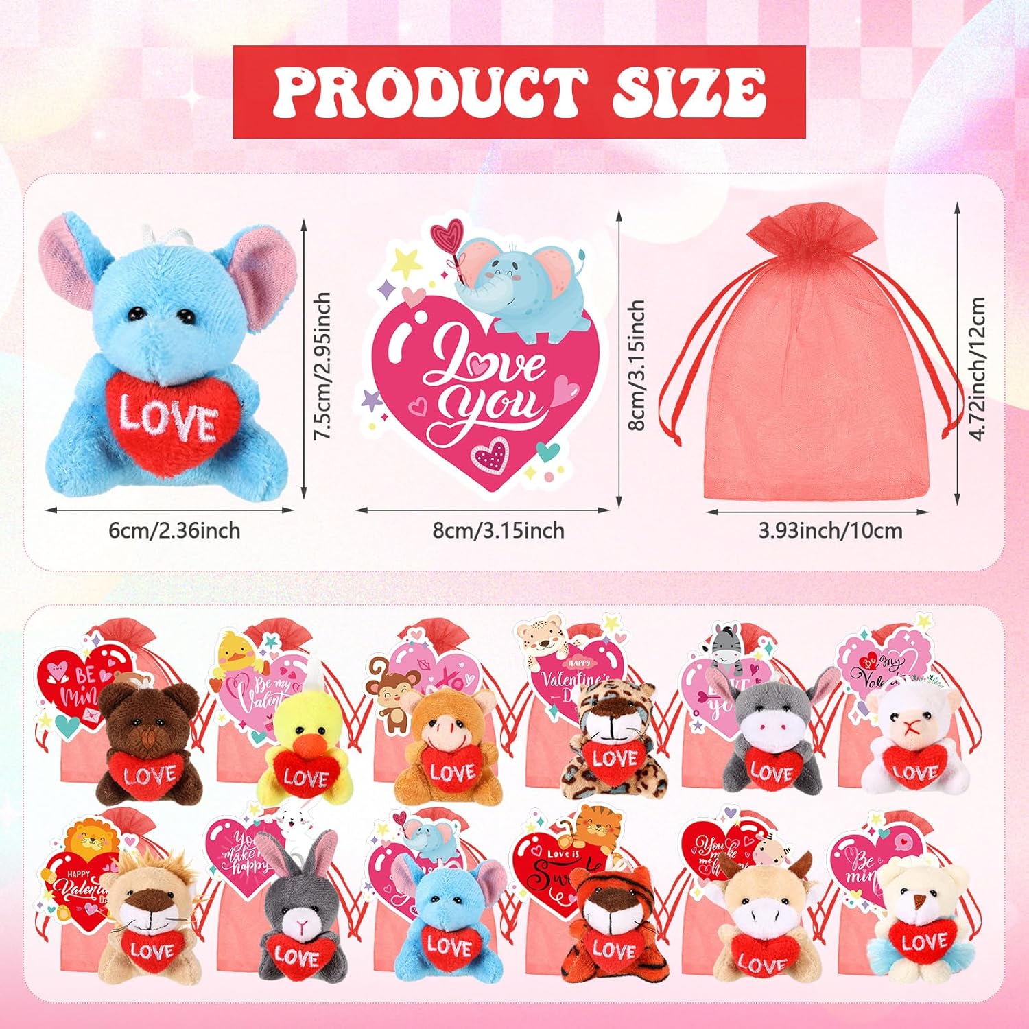 12 Set Valentine's Day Classroom Gifts for Kids, Valentine Mini Stuffed Animals Plush Toy with Heart Cards and Bags for Students Exchange Gift Valentine Party Favors Goodie Bag Stuffers - Image 4