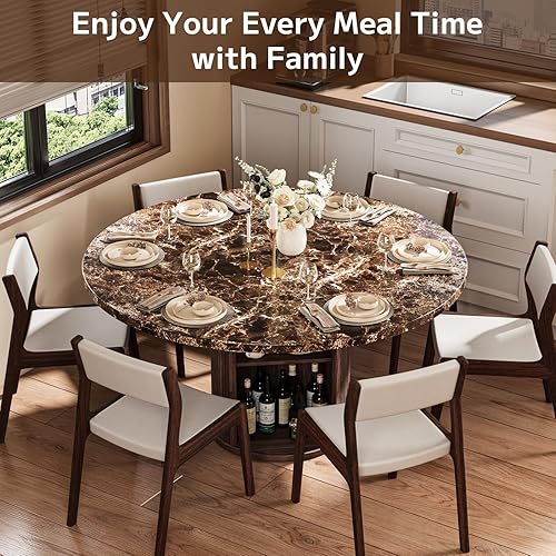 Miniatura 4 de 47" Round Dining Table for 4-6, Modern Marble Kitchen Table with 2-Tier Storage Shelf & Fluted Slide Door for Small Space, Mid-Century Circle Dinner