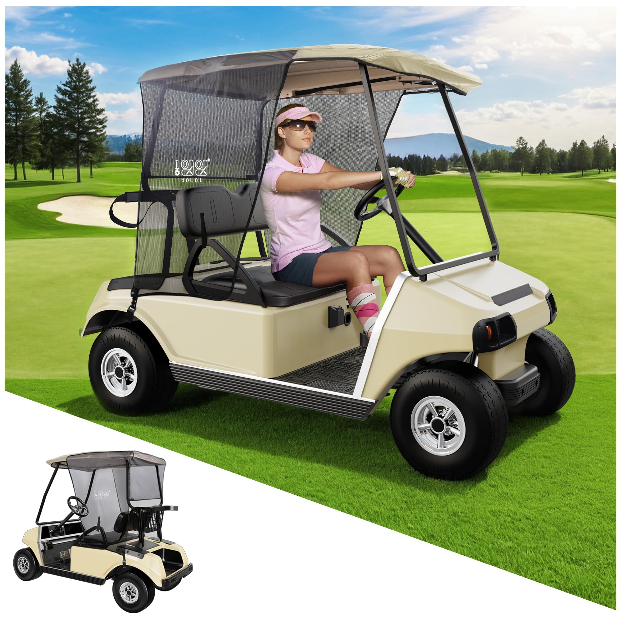 Photo 1 of 10L0L Golf Cart Sun Shade Cover for Club Car DS Precedent Tempo & EZGO TXT RXV, Superior UV Heat Blocking Polyester Mesh Sun Screen (Beige Color)