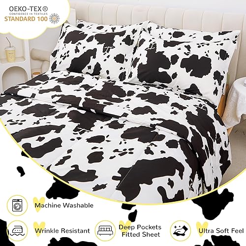 Miniatura 4 de Viviland Juego de edredón individual con estampado de vaca, juego de ropa de cama individual de microfibra cepillada para niños, 5 piezas en una