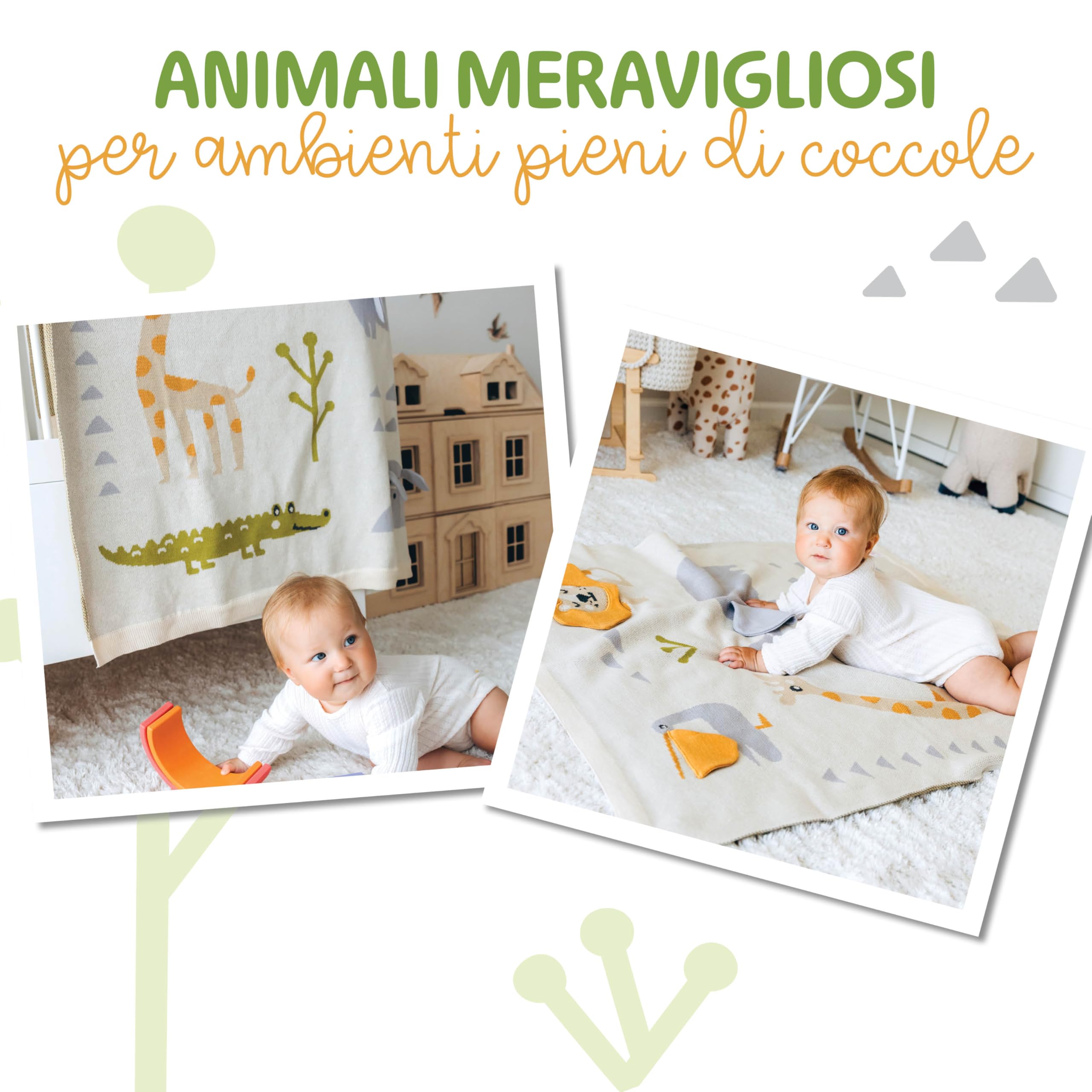 Merle Toys® Coperta Neonato Cotone, Copertina Neonato Cotone Estiva e Inverno, 100% Biologica, Interattiva, Morbida e Termoregolatrice, Certificata GOTS, OEKO-TEX 100, 80x100cm, Amici della Savana 3D