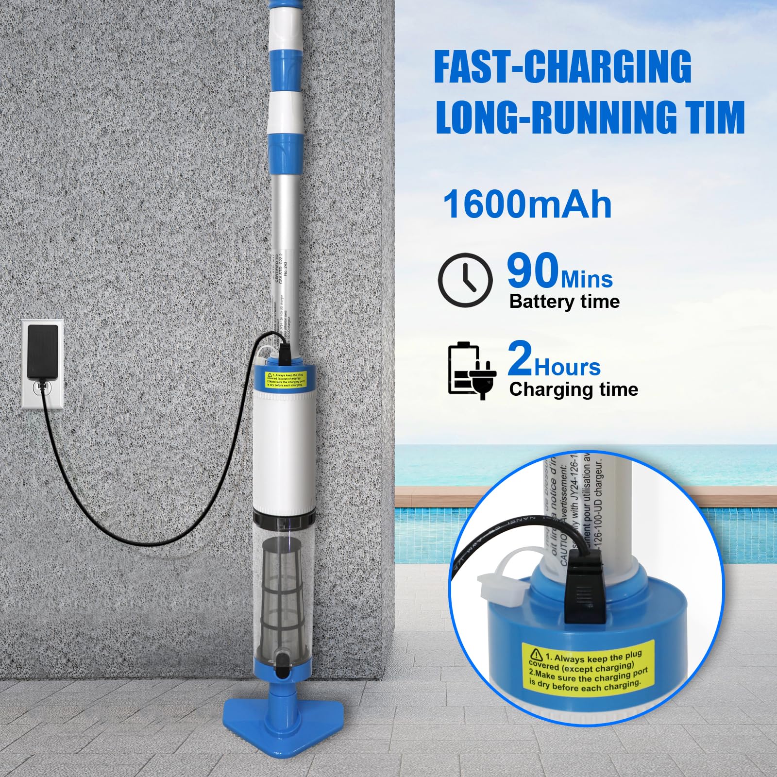 Aspirateur Piscine sans Fil 90min Charge 2h – 3 Brosses + Perche 165cm