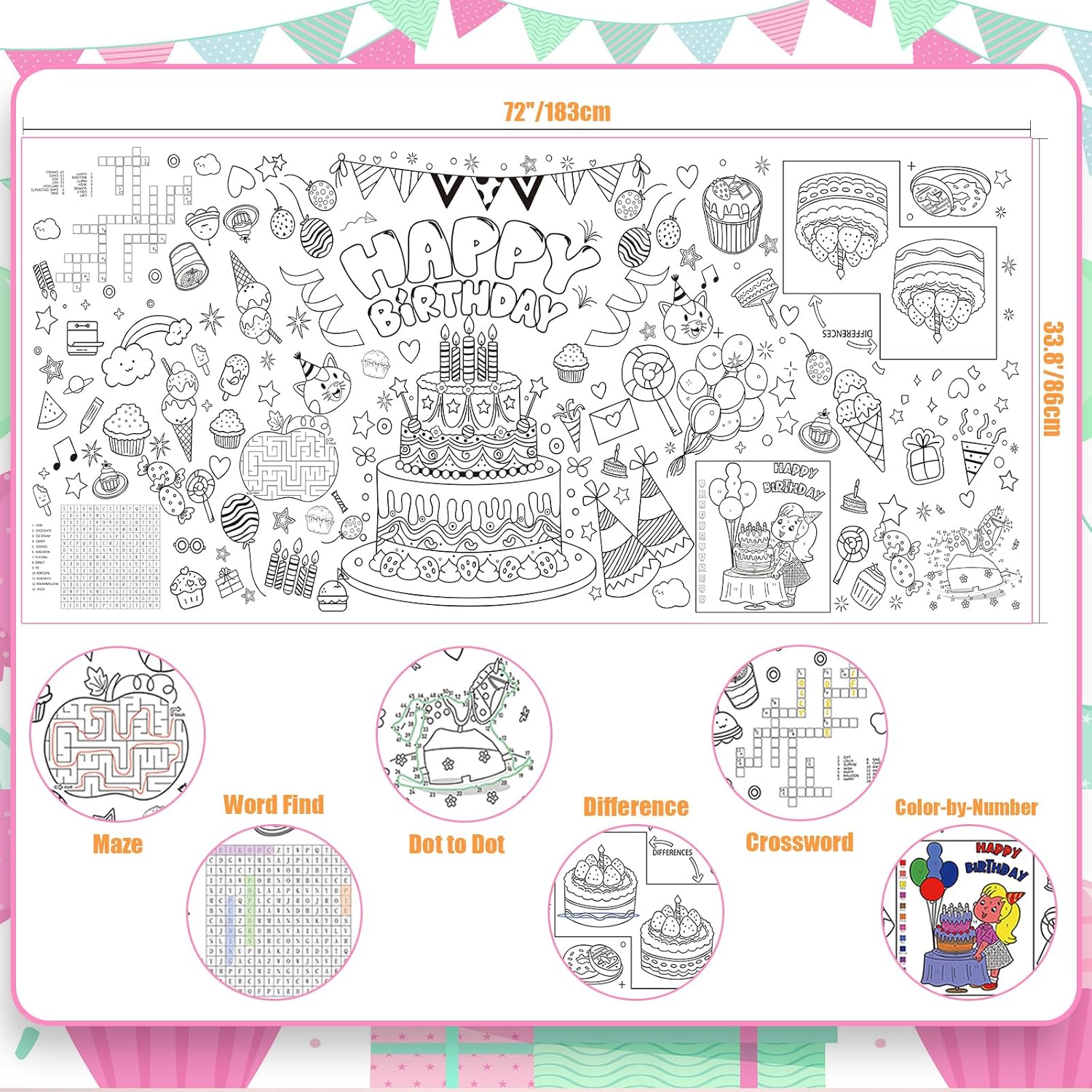 Raissily Birthady Giant Coloring Poster, 33.8 x 72 Inches Jumbo Paper Tablecloth with 6 Puzzle Games Banner Page Younger Adults Art Craft Supplies Gift Toy Party Decoration Color Table Sheet