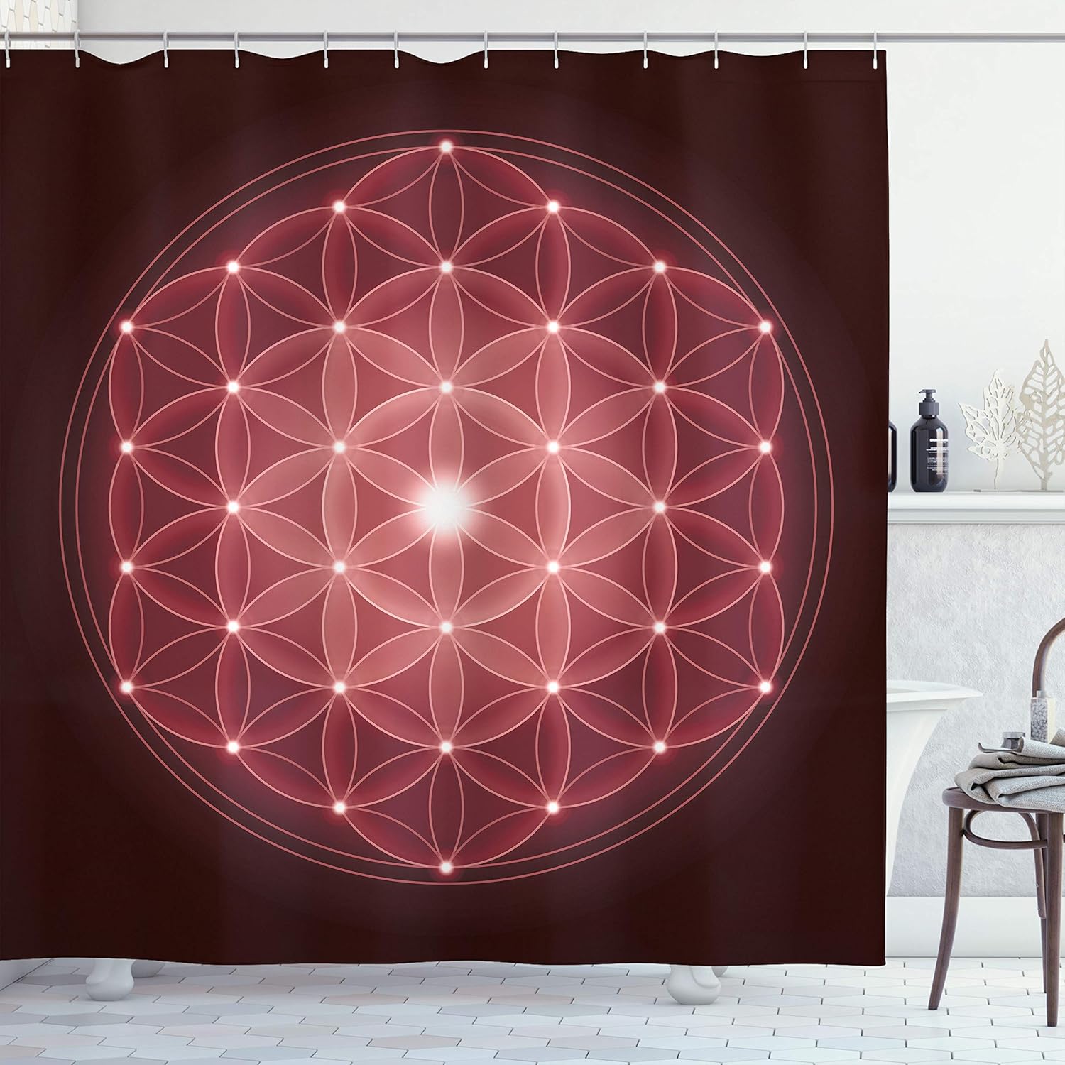 Ambesonne Abstract Shower Curtain, Flower of Life with Stars Geometry Print Mandala Eternity Universe Illustration, Cloth Fabric Bathroom Decor Set with Hooks, 70" Long, Fern Green