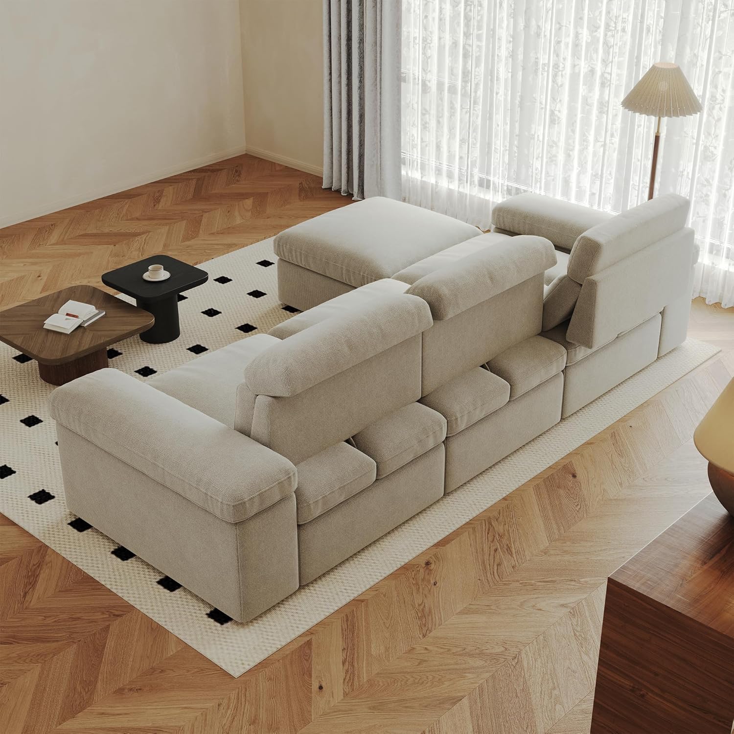 Modern L-Shaped Sectional Sofa, 4-Seate Polyester Blend Couch with Storage Ottoman, Adjustable Backrest and Storage, for Living Room, Apartment (Gray+Down Filling)