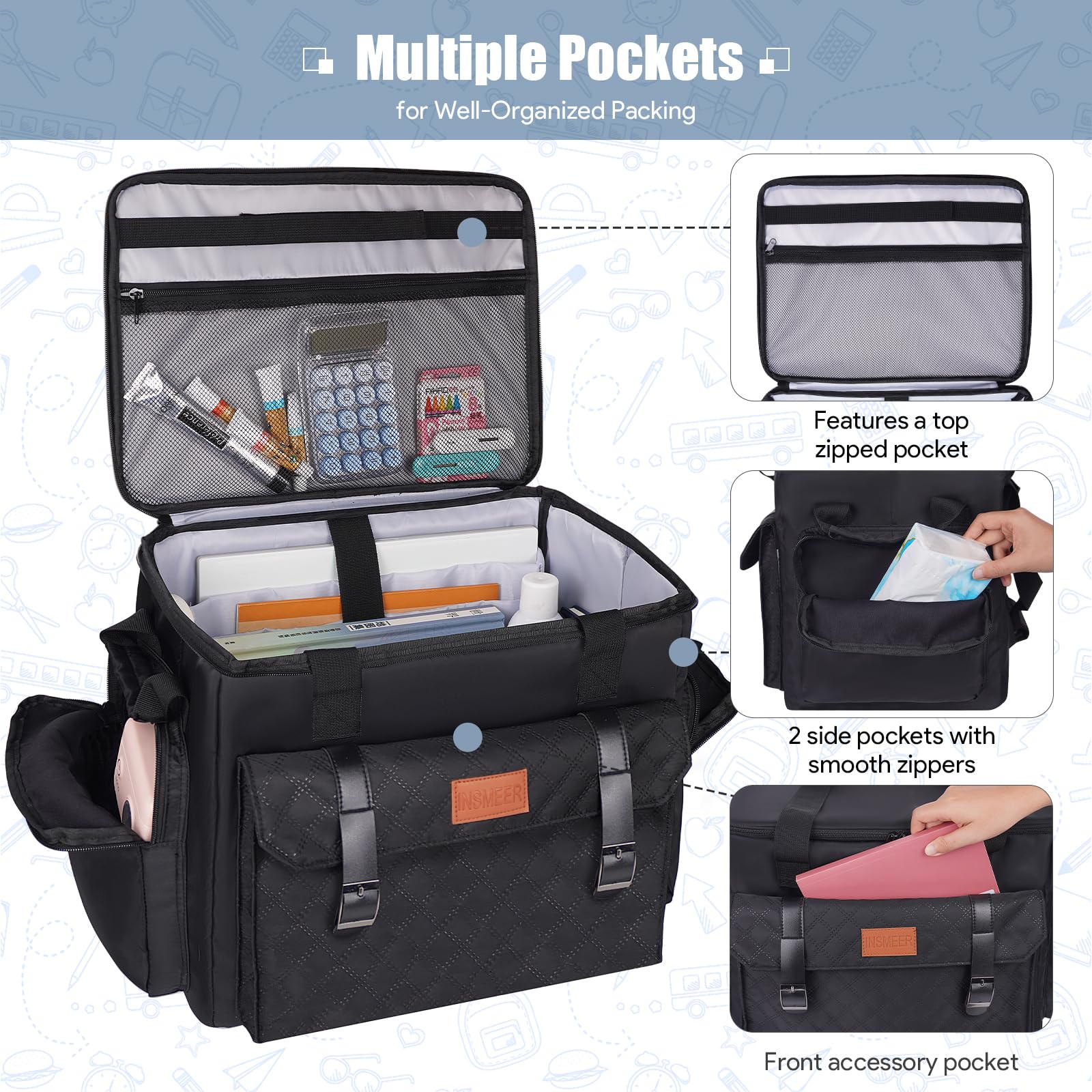 INSMEER Sac à roulettes pour enseignant avec compartiment pour ordinateur portable de 15,6", sac fourre-tout à roulettes pour enseignants avec sac à déjeuner supplémentaire, sac à roulettes 3 en 1