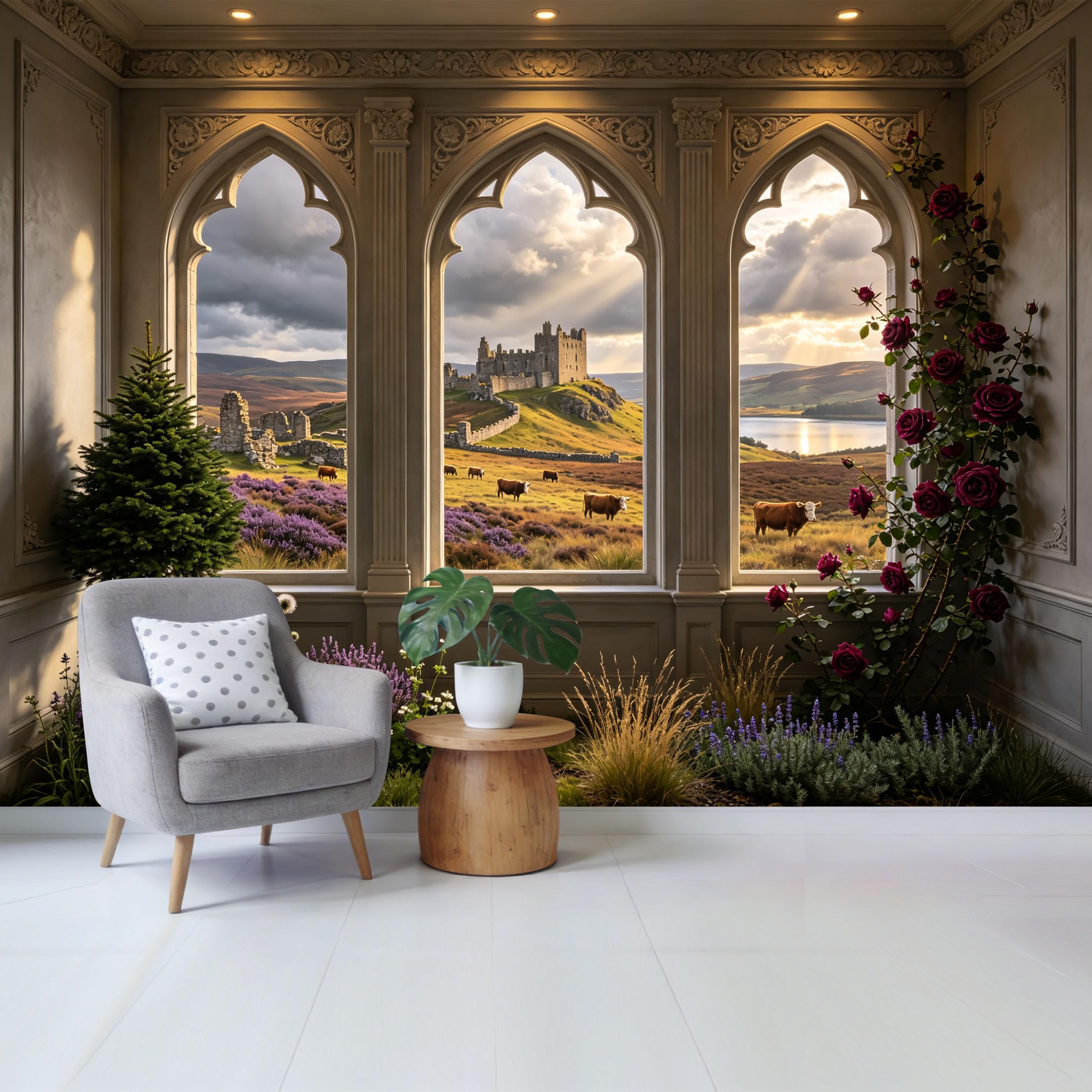 Removable Self Adhesive Fabric Mural， Highland Castle Lake Landscape Custom Size Wall Covering， UV Protected Waterproof Washable Wall Decor for Living Room Bedroom Bathroom