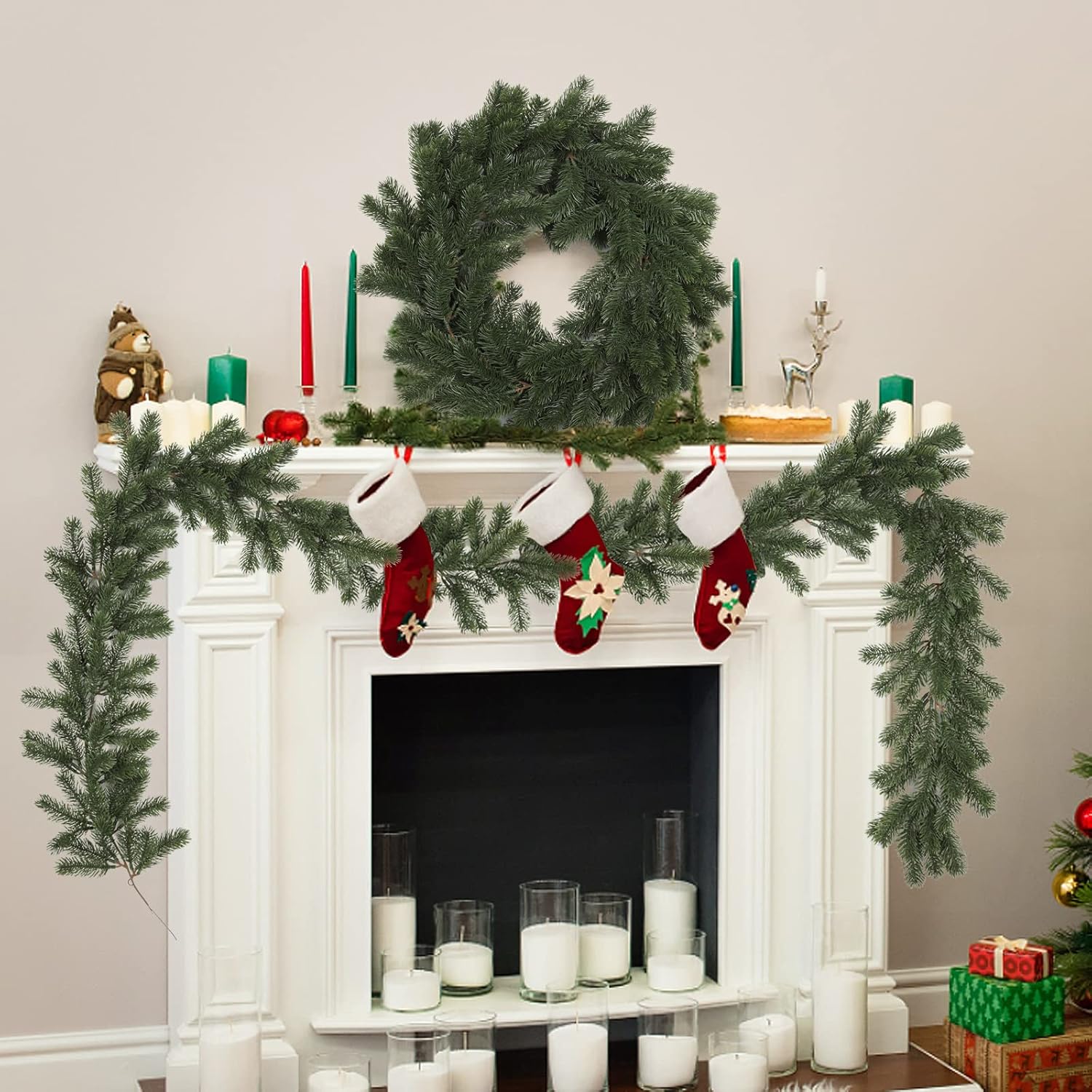 RECUTMS 6.4FT Artificial Christmas Norfolk Pine Garland Frosted Pine Cypress Winter Greenery Garland Realistic Wreath Decoration for Mantel Season Fireplace Indoor Home Xmas Table Centerpiece Decor