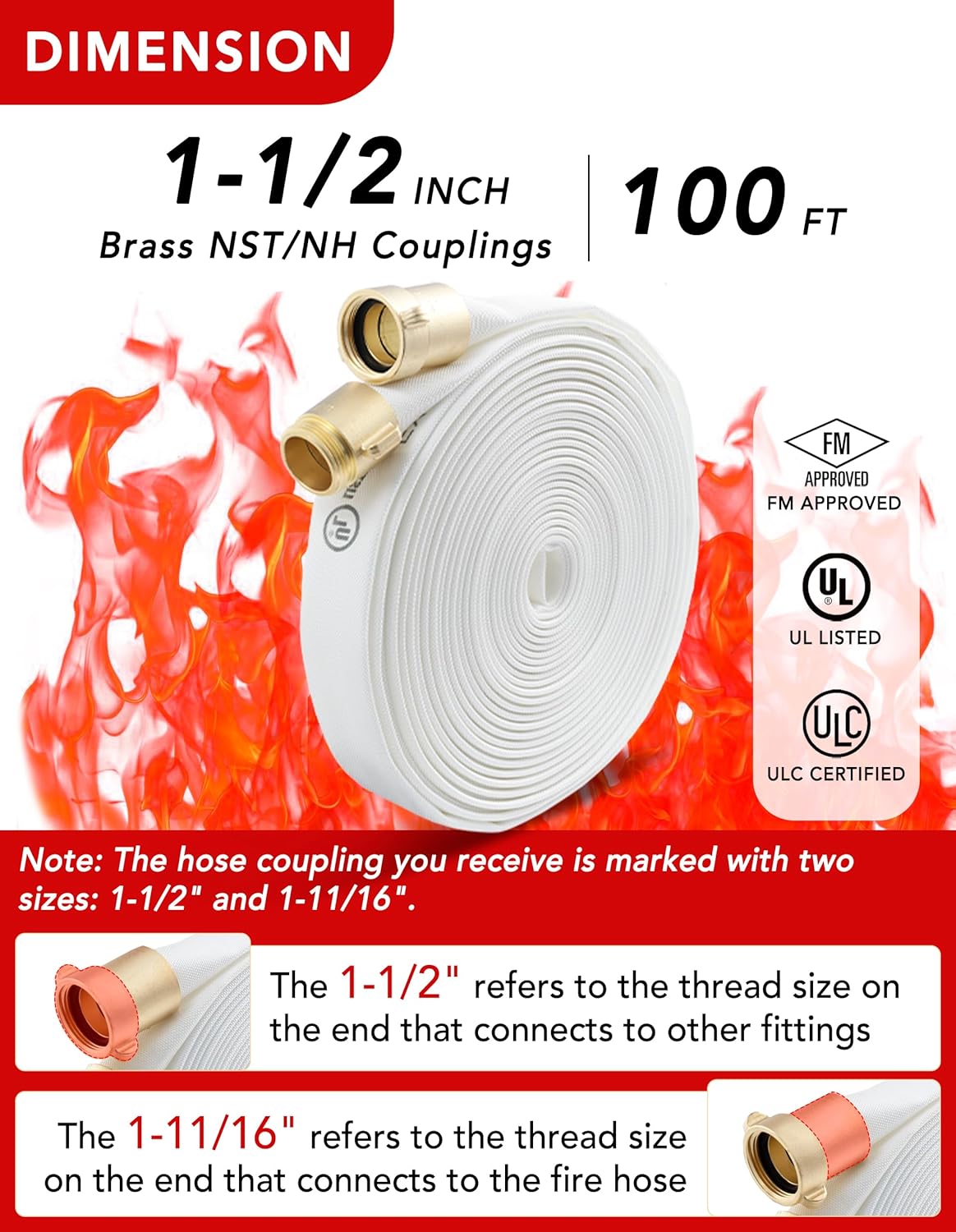 ZYfire Fire Hose - 1-1/2" ID x 100 FT Single Jacket TPU Fire Hose Industrial Hose Firefighter Hose with M × F NST/NH Brass Couplings Lightweight Lay Flat Water Hose for Use in Firefighting, Industrial
