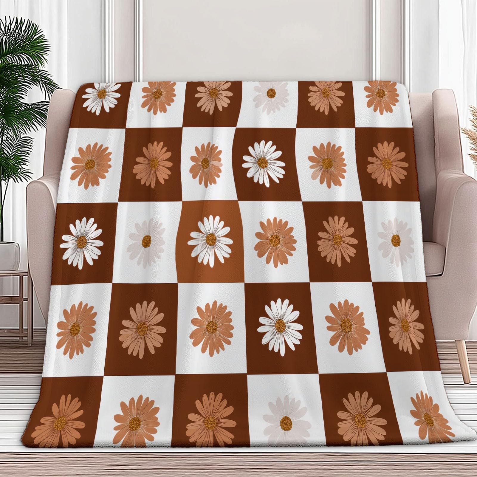Nowoczesny geometryczny koc flanelowy w kratkę stokrotka 180 x 200 cm Koce polarowe z mikrofibry Polar Na wszystkie pory roku do podróży Łóżko Sofa Dzieci Dorośli, Kawowy Brązowy