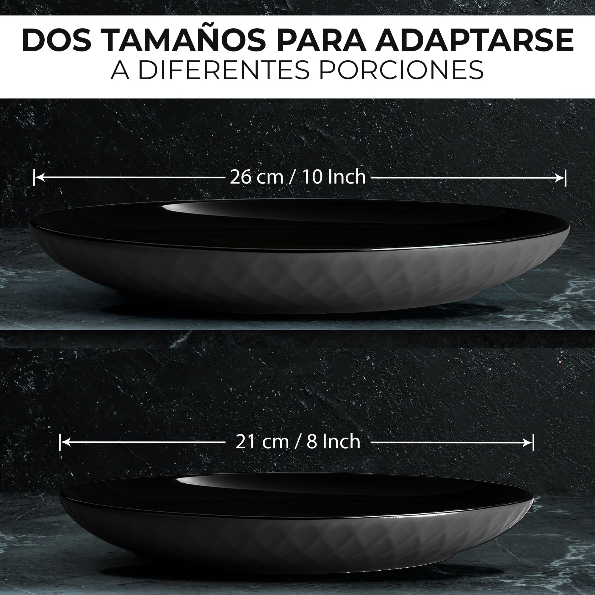 MIAMIO - set de 6 platos cerámicos 21 cm Palmanova (Negro) para cocina | Platos de cerámica para comidas y postres, 21 cm, Palmanova (Negro). Diseño moderno y práctico para cada día en casa.