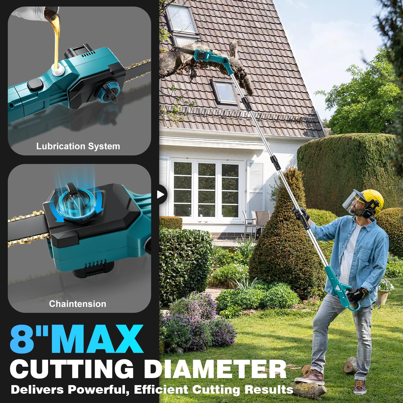 4-in-1 Akku Heckenschere Teleskop & Mini Kettensäge für Makita 18V, 8 Zoll Hochentaster Astsäge, 400mm Schnittlänge Akku Gras- und Strauchschere, Max Reichweite bis zu 4,5m, für Garten