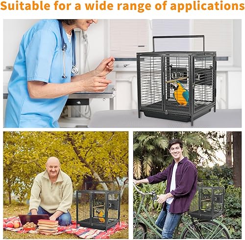 Miniatura 6 de Jaula portátil de viaje para pájaros, color negro, de 19 pulgadas, con asa, perca de madera, jaula de viaje para loros, pájaros medianos para