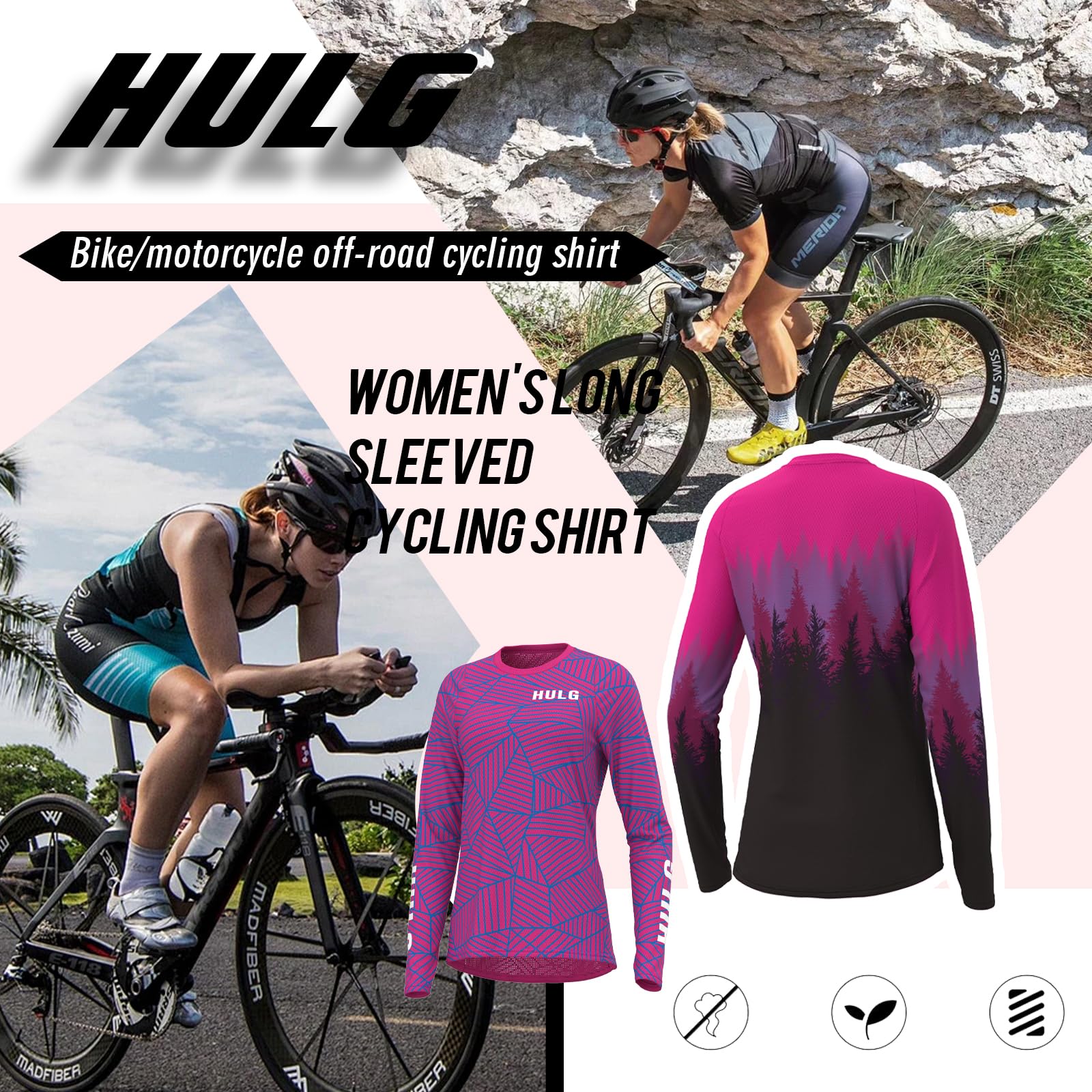 HULG Maillot de Cyclisme Femme Manches Longues, VTT, 100% Polyester, Séchage Rapide, Respirant