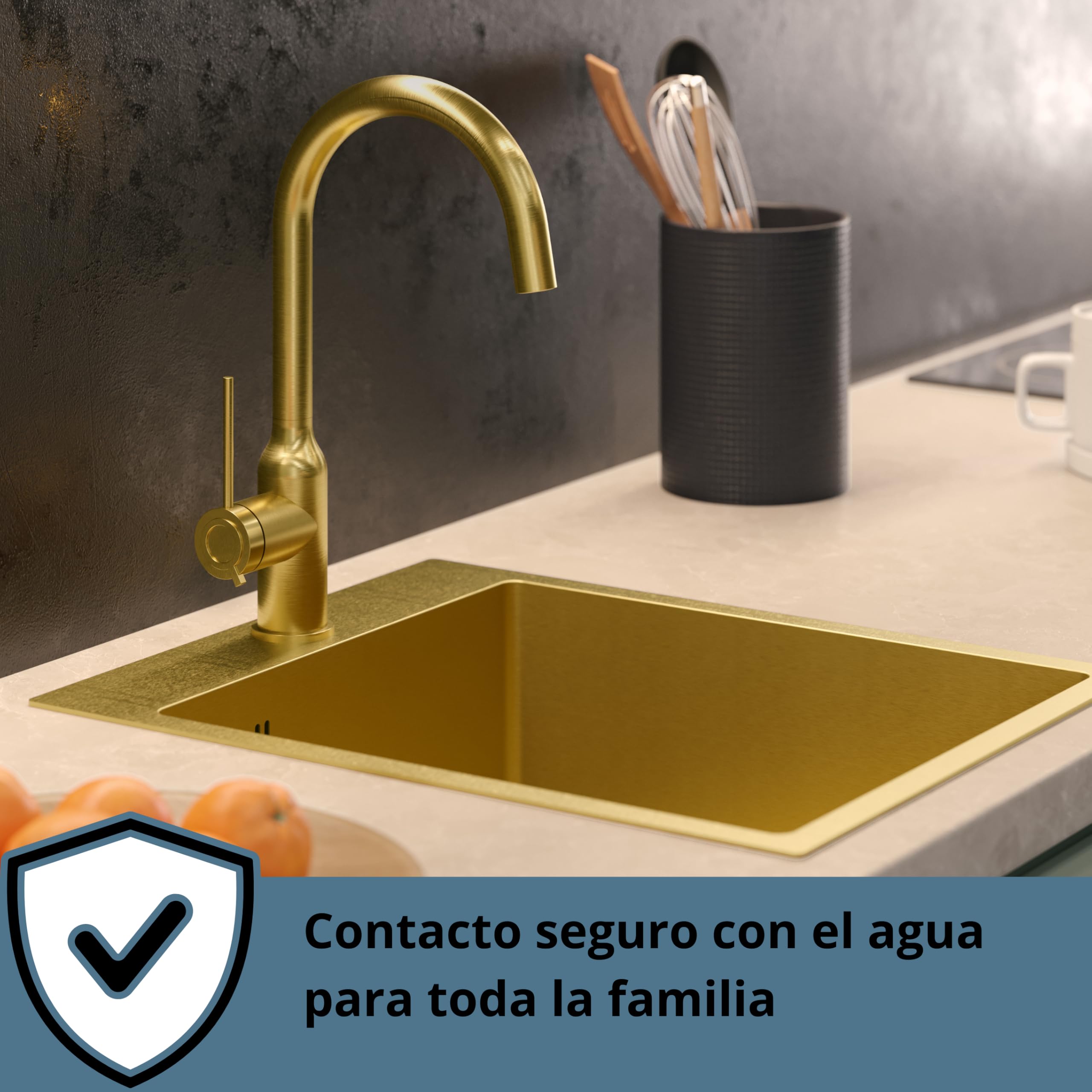 QUADRON INGRID Q LINE SteelQ - Grifo mezclador de cocina (360°, función QFix, color: negro, altura: 34 cm, grifo para cocina, cabecero: cerámica, acabado dorado PVD)