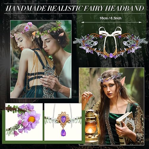 Miniatura 2 de Juego de 6 orejas de elfo y corona de hadas, orejas de hada de látex, hojas de hada, diamantes de imitación, diadema de flores de elfo, diadema de