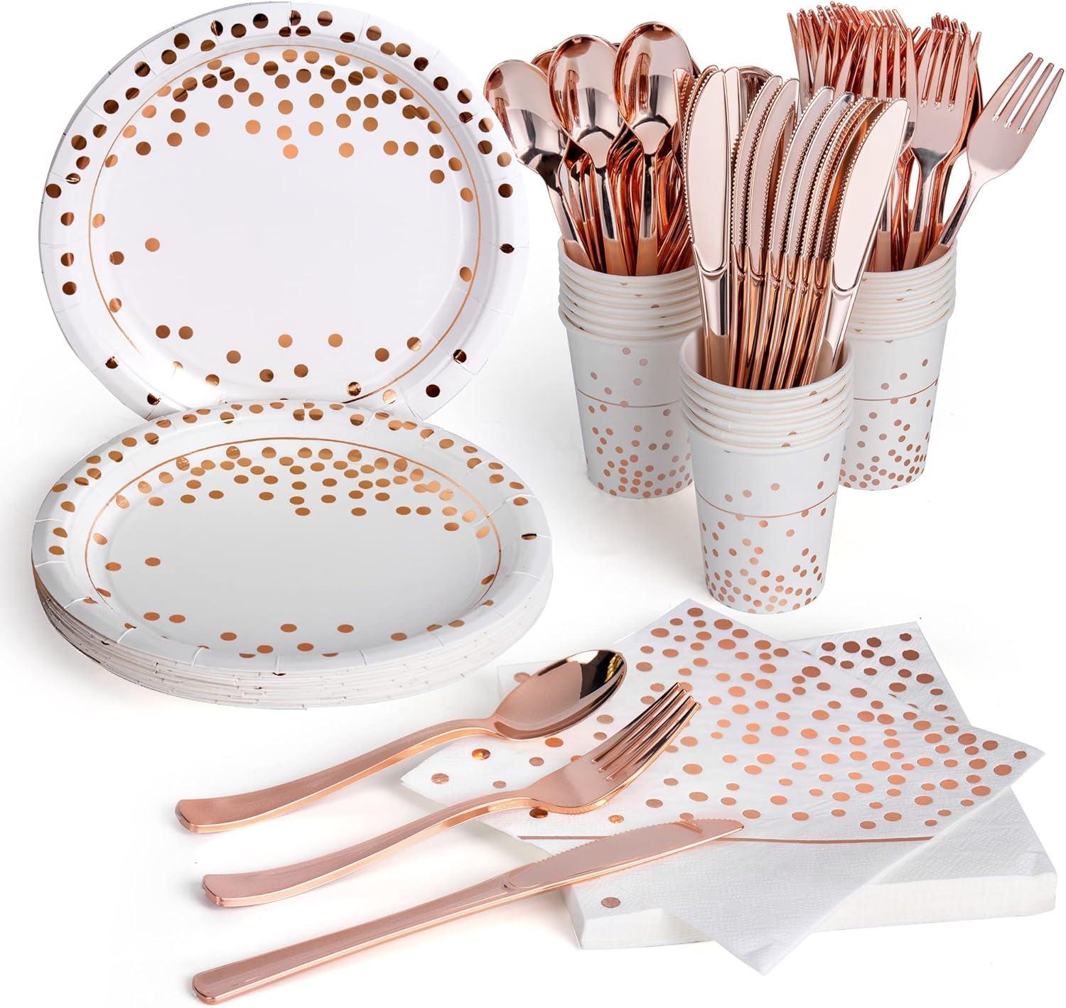 Rose Gold Party Supplies cutlery with White Paper Plates