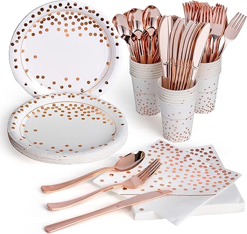 Miniatura 1 de Gold Party Supplies - Juego de cubiertos con platos de papel, servilletas, vasos, blanco, vajilla de papel desechable con puntos dorados, sirve para