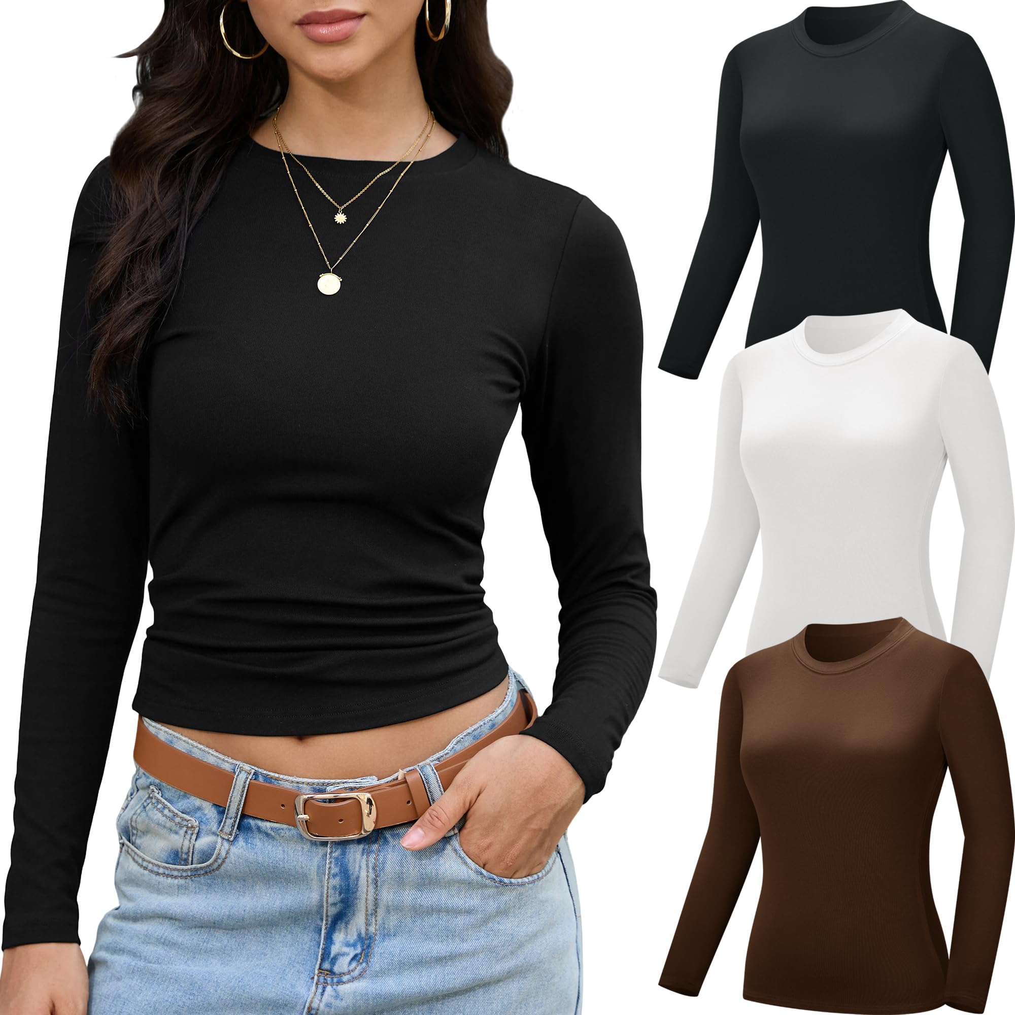 Confezione da 3/5 pezzi di biancheria intima termica da donna in pile, basic, a maniche lunghe, elasticizzata, calda, a maniche lunghe, girocollo, slim fit