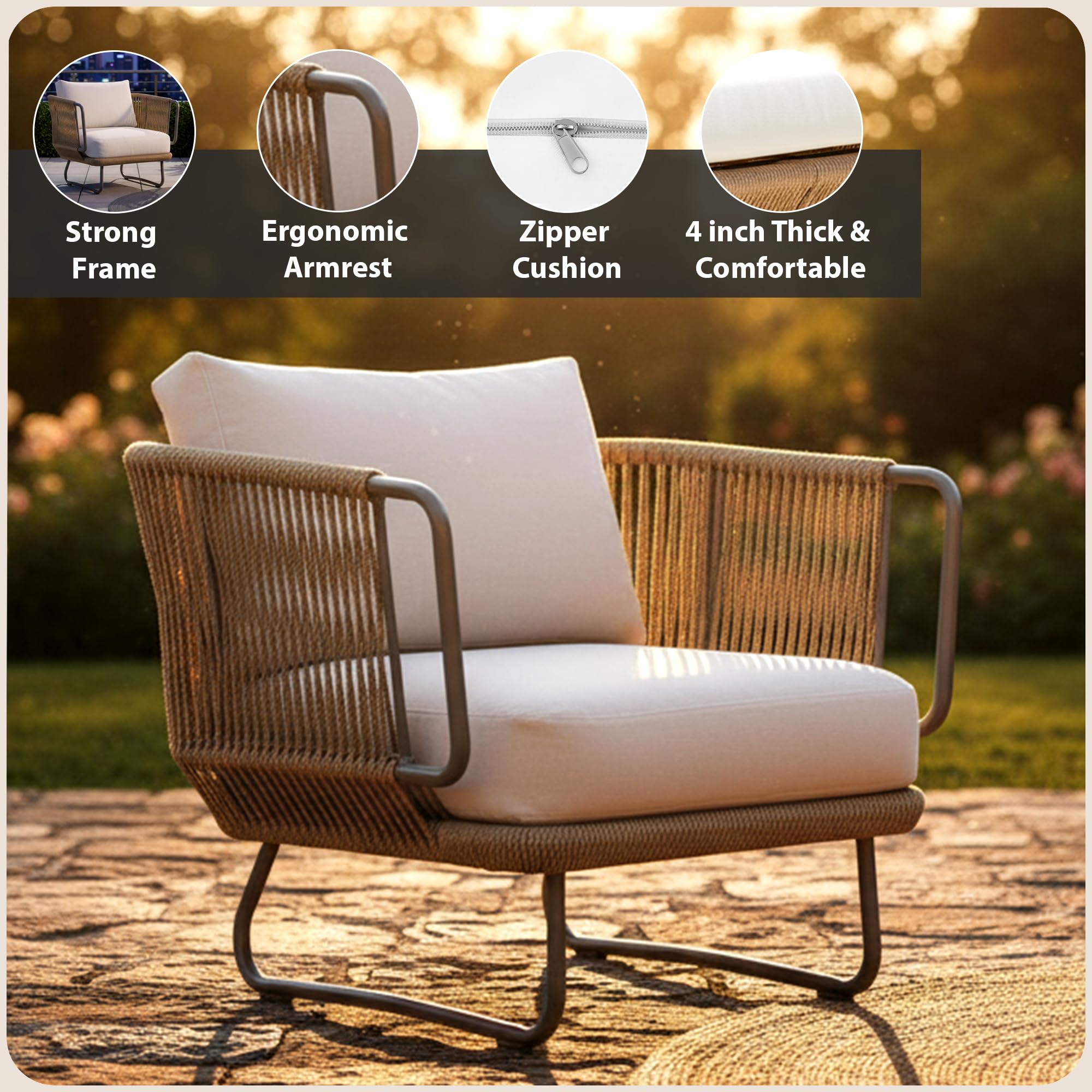 Mymigos Outdoor Rope Sofa Set | Balcony Sofa | Patio Conversation Sets | Braided Rope Garden Sofa Set and Table (5 Seater- Beige & White) 4