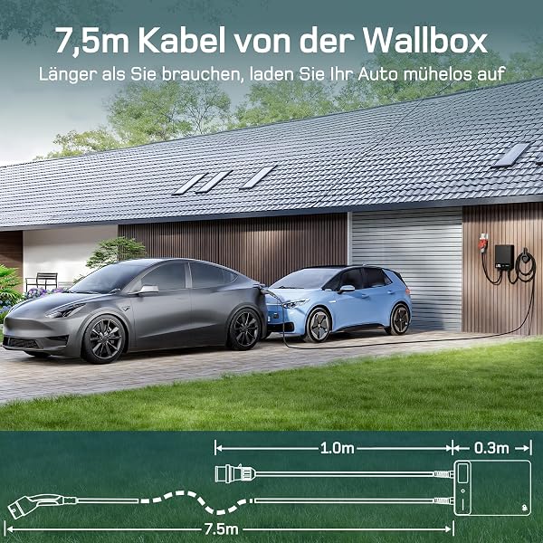 dé Wallbox 11kW mit APP, 7,5m Typ 2 Ladekabel mit Kabelhalter, 3-Phasen EV-Ladegerät (6-16A, 400V), für BEV/PHEV, RCD Typ-B & IP54-Schutz, effiziente Ladestation für Zuhause, Schwarz - 4
