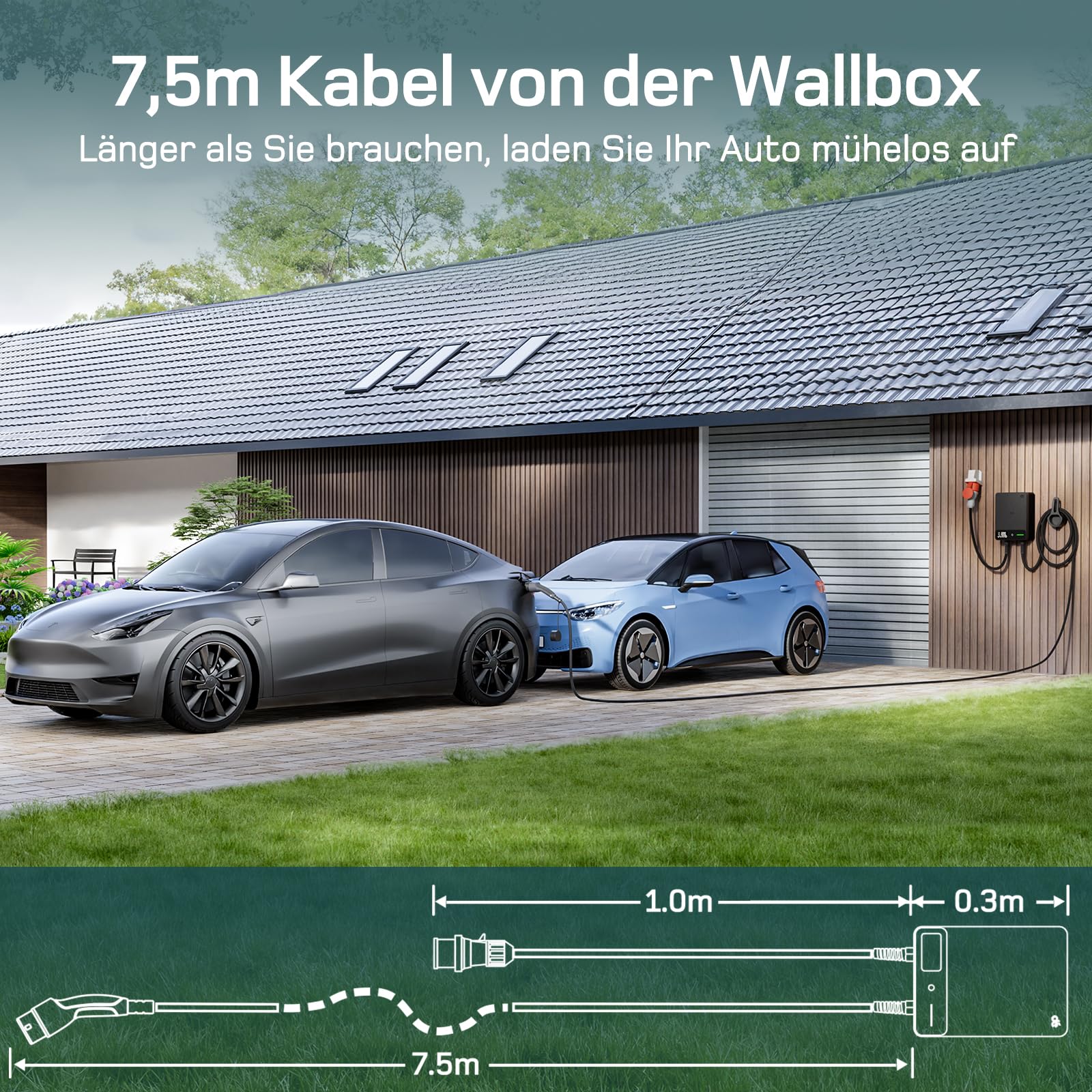 dé Wallbox 11kW mit APP, 7,5m Typ 2 Ladekabel mit Kabelhalter, 3-Phasen EV-Ladegerät (6-16A, 400V), für BEV/PHEV, RCD Typ-B & IP54-Schutz, effiziente Ladestation für Zuhause, Schwarz - 4