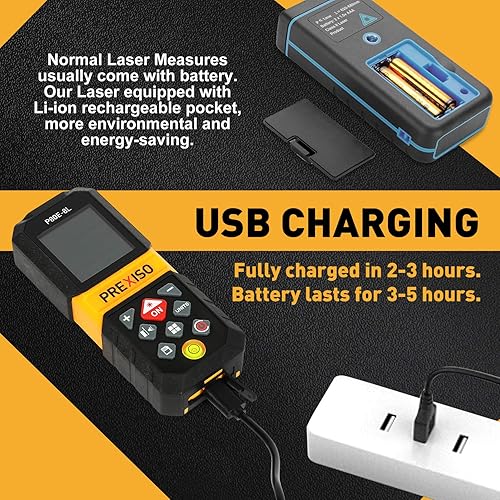 Miniatura 2 de PREXISO Medidor de distancia láser recargable de 265 pies con unidades de medición múltiple M/in/ft, pantalla LCD retroiluminada de 4 líneas y modos