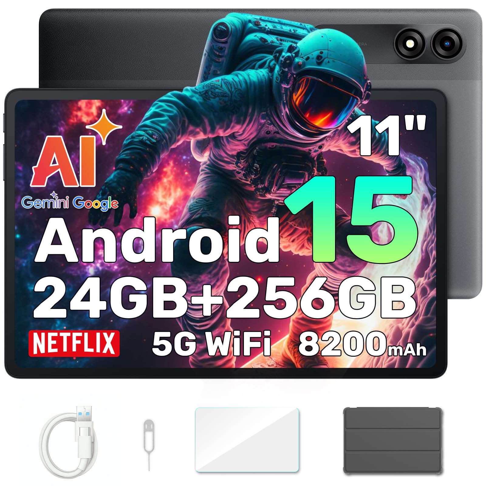 Blackview Tablet 11 Pollici Android 15 Gemini AI, 24 GB RAM + 256 GB ROM (2 TB TF) 8200 mAh/1920 * 1200 FHD IPS Widevide L1/Mode PC/Face ID/Octa-Core Tablet con Cover