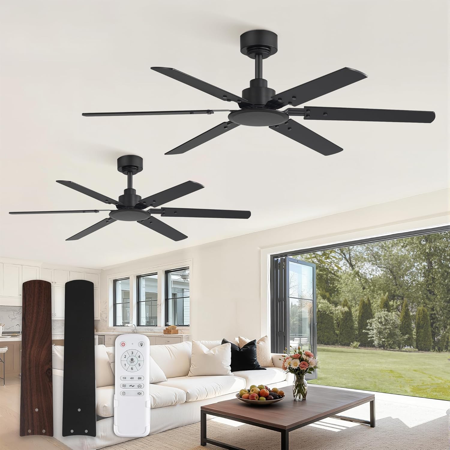 Fanbulous Ceiling Fan No Light, 48 Inch Indoor/Outdoor 6 Blades Ceiling Fan with Remote, 6-Speeds, Quiet Reversible DC Motor, Fans Without Light for Tilted Ceiling/Bedroom/Living Room/Patios, 2 Pack