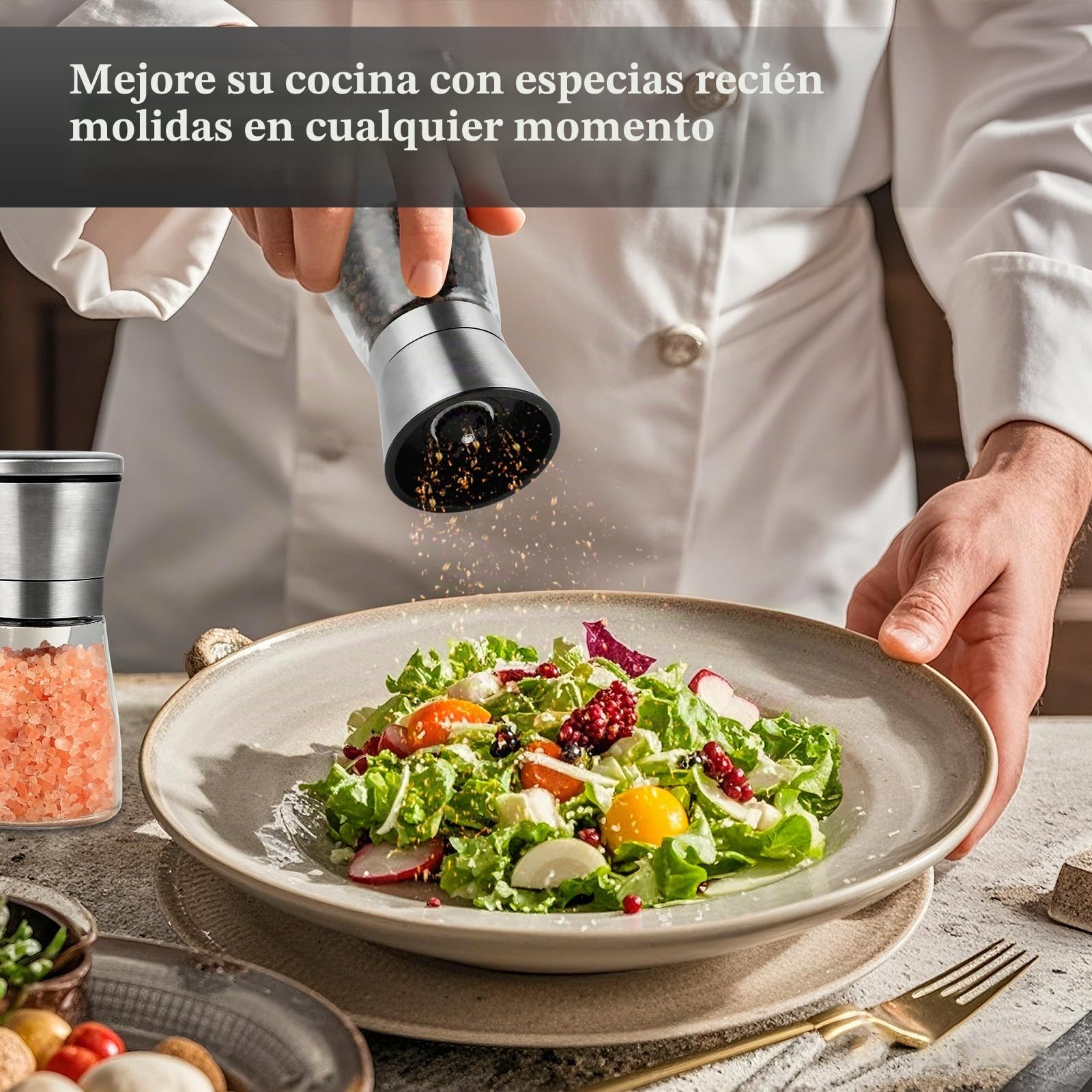 2 Piezas Molinillo Pimienta - Molinillo - Molinillo Especias, 180 ml*2, de Acero Inoxidable y Vidrio, con Mecanismo de Molienda de Cerámica Ajustable, Ideal para Moler y Rellenar Sal, Pimienta y Chile