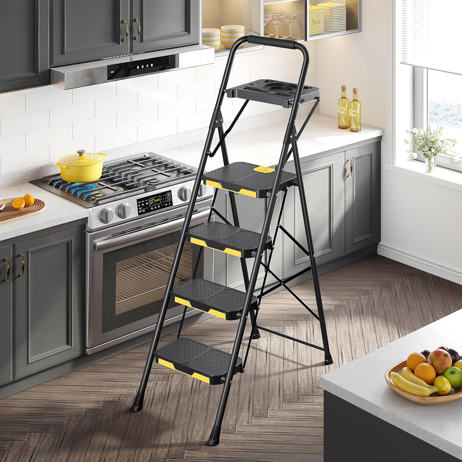 KINGRACK 4 Step Ladder, Sturdy Steel Step Stool with Tool Platform, Safe-Lock, Handrail, Anti-Slip Wide Pedals, Pass 330lbs Load Testing, Folding Portable Ladder for Multi-Purpose, Home Kitchen, Black - Image 2