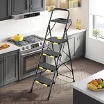 KINGRACK 4 Step Ladder, Sturdy Steel Step Stool with Tool Platform, Safe-Lock, Handrail, Anti-Slip Wide Pedals, Pass 330lbs Load Testing, Folding Portable Ladder for Multi-Purpose, Home Kitchen, Black
