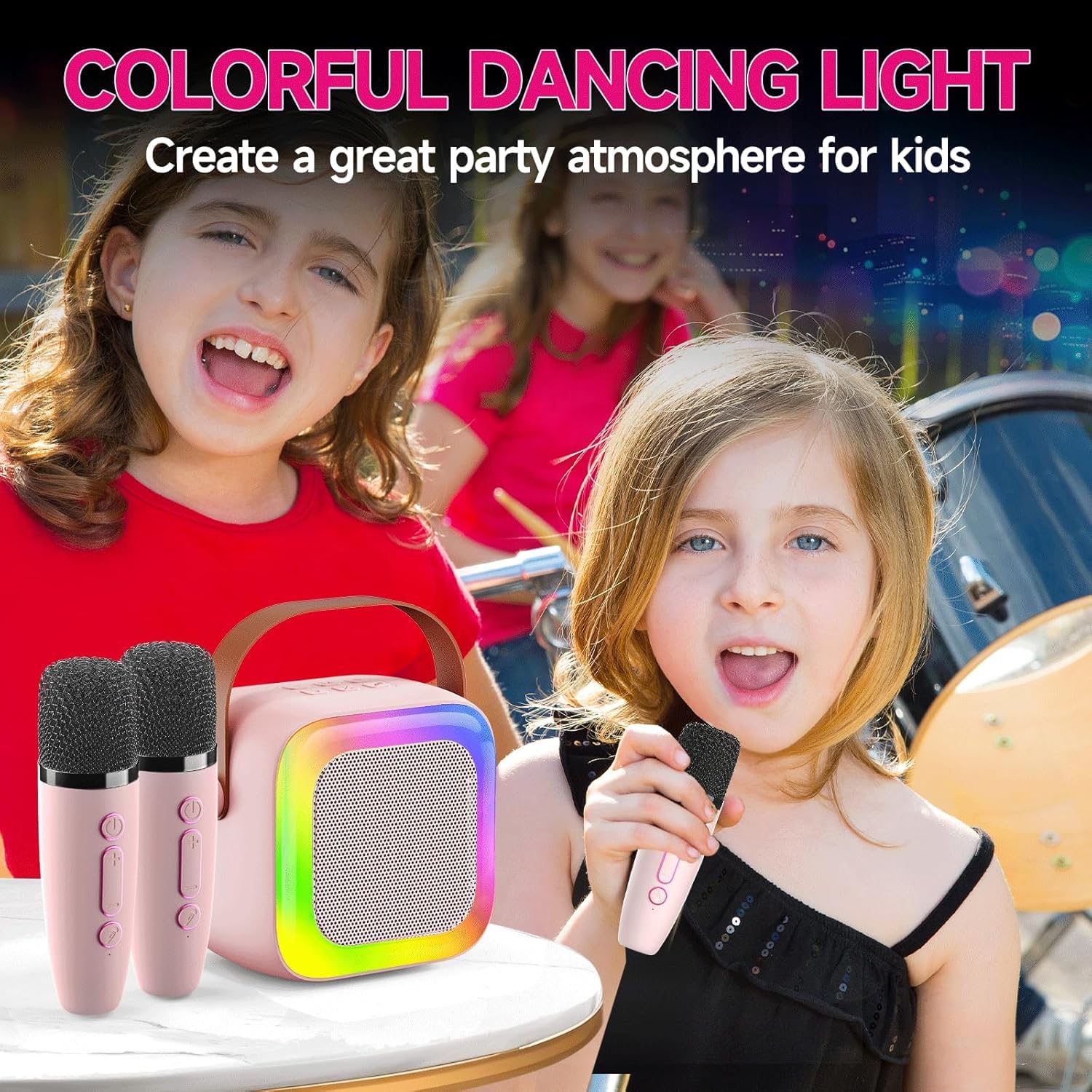 Mini macchina per karaoke per bambini, adolescenti, adulti, con 2 microfoni wireless e luci LED, giocattoli per feste, casa, regali per 4 5 6 7 8 9 10 11 12+ anni ragazze ragazzi