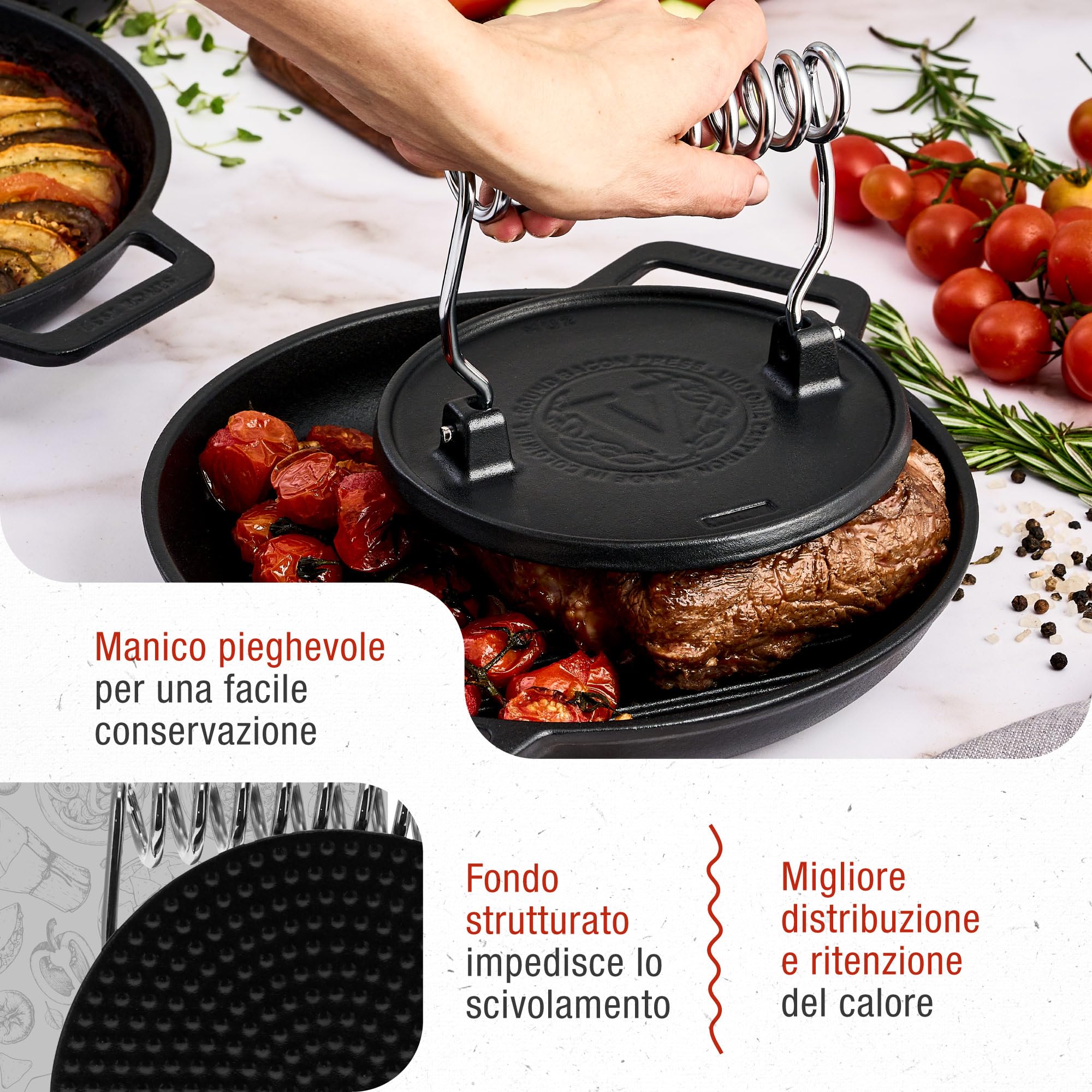 VICTORIA Smash Burger Press, Pressa per Hamburger in Ghisa Stagionata 16,5 cm per Carne da Barbecue, Manico Resistente al Calore, Senza PTFE