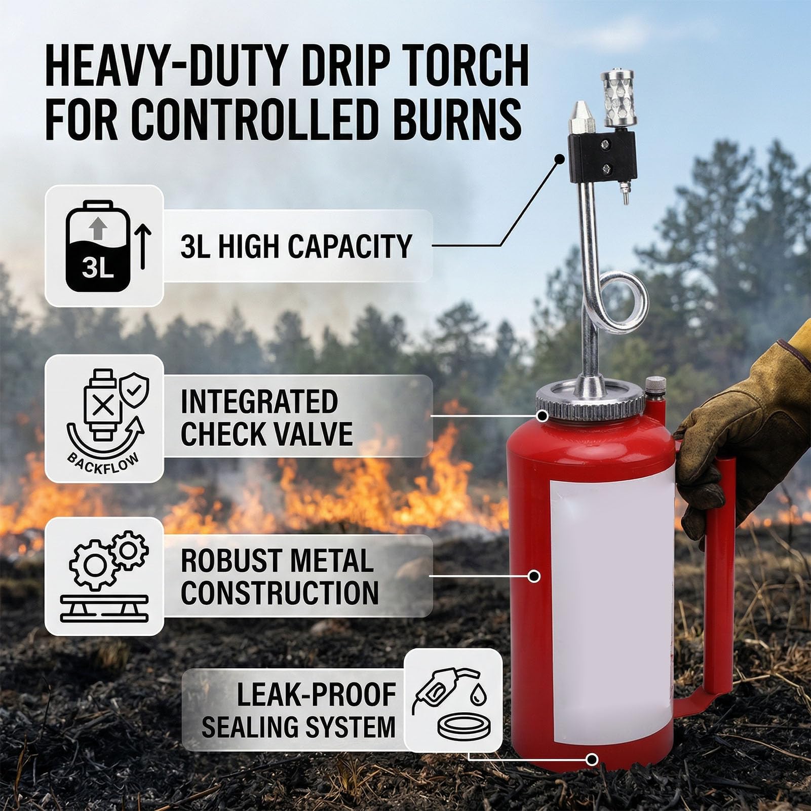 Generic Torche Goutte à Goutte Forestière 3L, Torche à à Double Fond en Fonte Robuste pour Brûler, Piège à Carburant et Clapet Anti-retour, Grande Bouche pour un Remplissage Facile, pour les Incendies