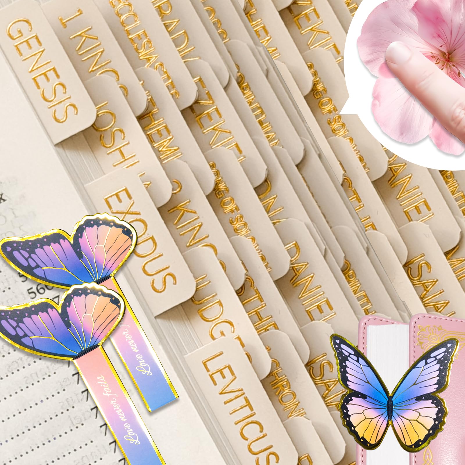 Bible Tabs Neutral Cream, Laminated Bible Tabs Women &amp; Men, Christian Gifts, Large Print Bible Tabs for Easy Navigation, Bible Book Index Tabs Labels, Bible Study Supplies with Butterfly Bookmark