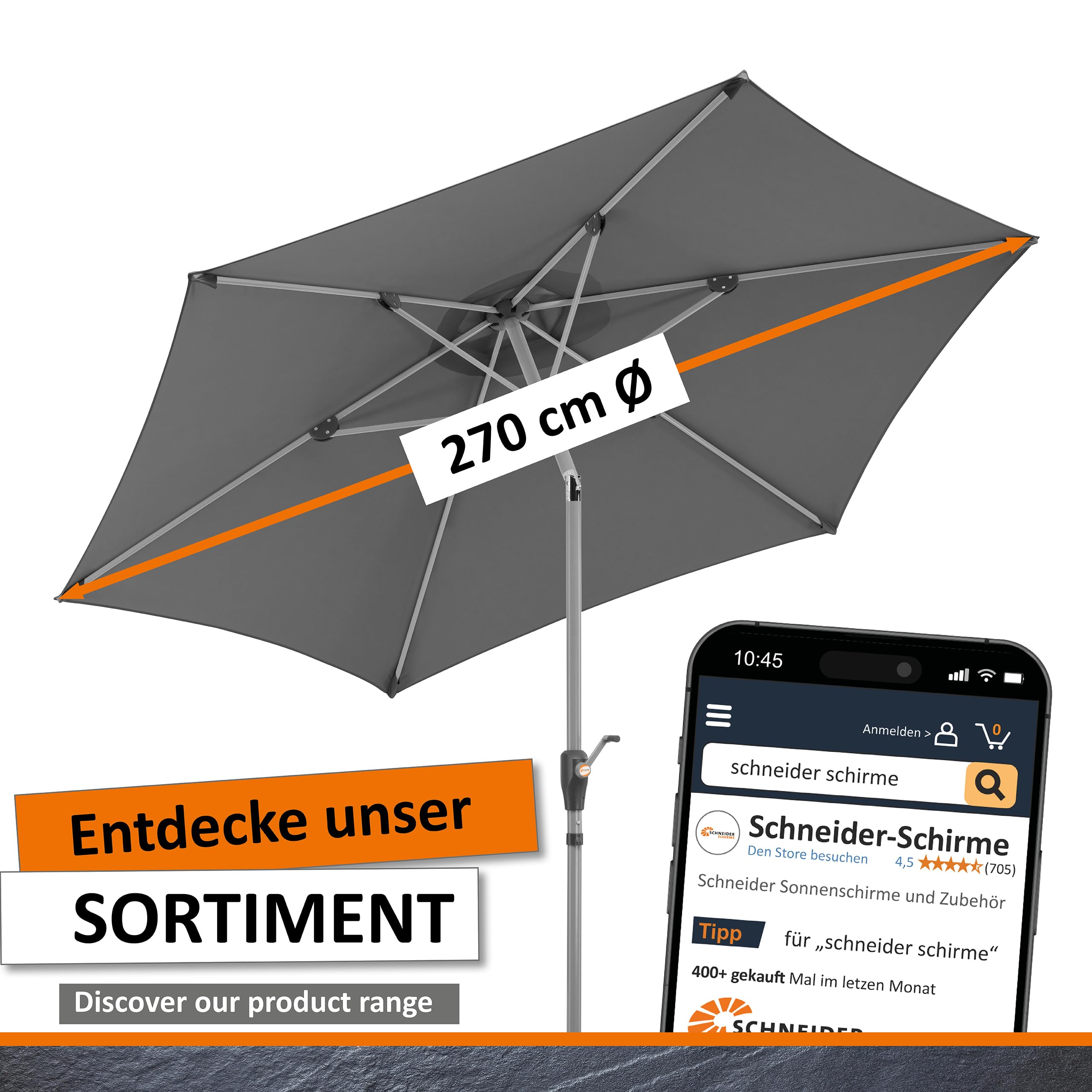Schneider Sonnenschirm SOLESTA Ø270 cm – UV-Schutz, air-vent, Kurbel & Knickfunktion, stabil für Balkon & Garten
