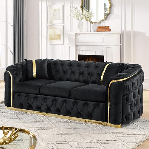 Miniatura 10 de Sofá Chesterfield de 3 plazas moderno de mediados de siglo de 84.6 pulgadas, sofá de terciopelo blanco beige y dorado, sofás de lujo para sala de