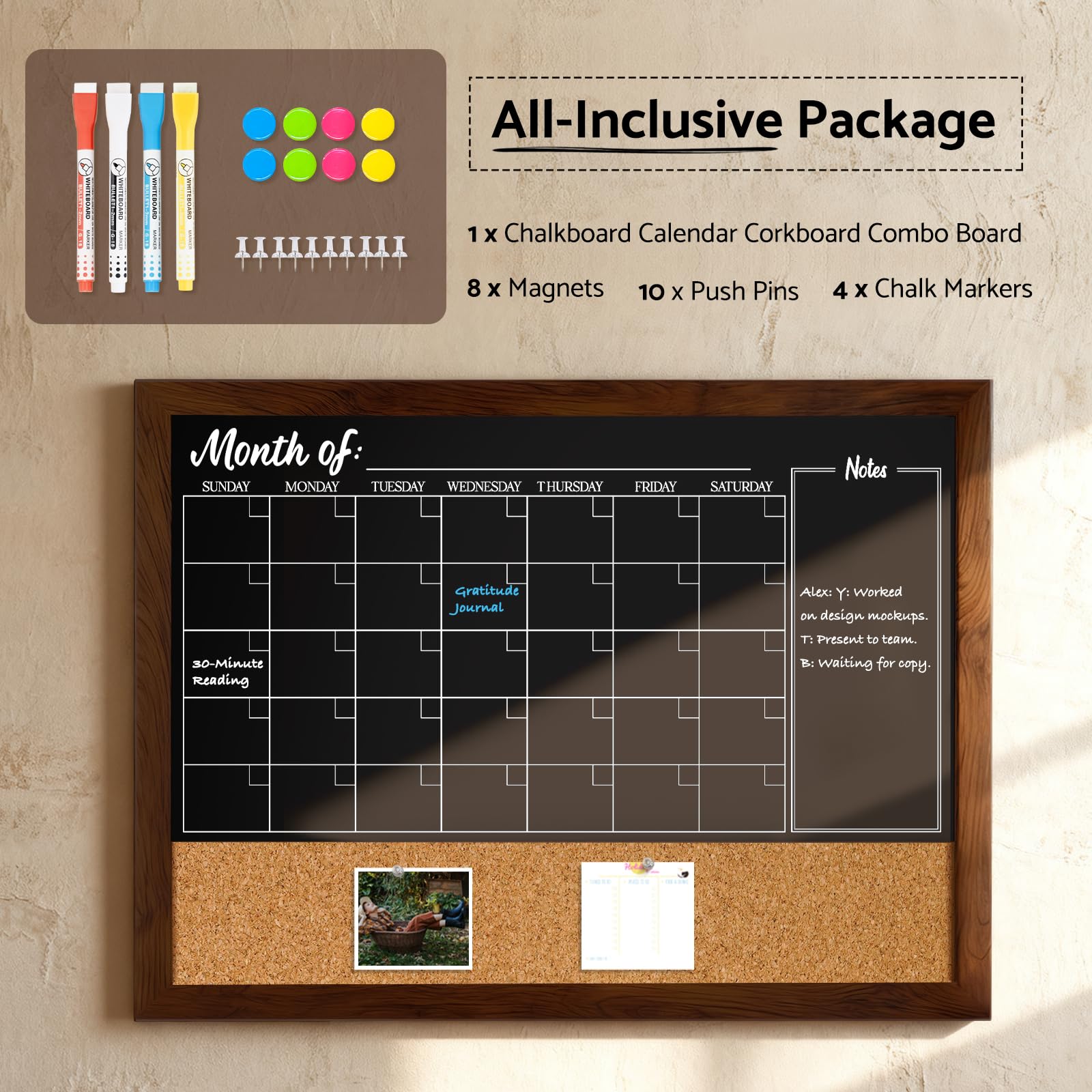 Dollar Boss Pizarra con calendario de corcho, pizarra magnética de 24 x 18 pulgadas para pared, marco de madera rústico, calendario mensual, planificación, menú, tablero, para oficina, hogar, escuela,