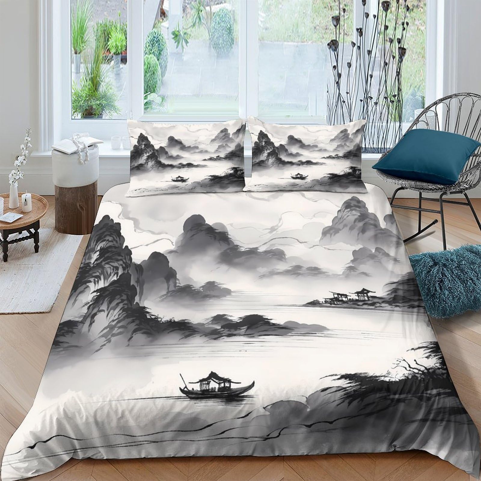 Ctjqhvkz Style-5 3D Printed Chinese Ink Landscape Fitted Sheet Microfiber Soft Washable Mountain River Bed Cover For Bedroom Dorm Decor Single（135X200cm）