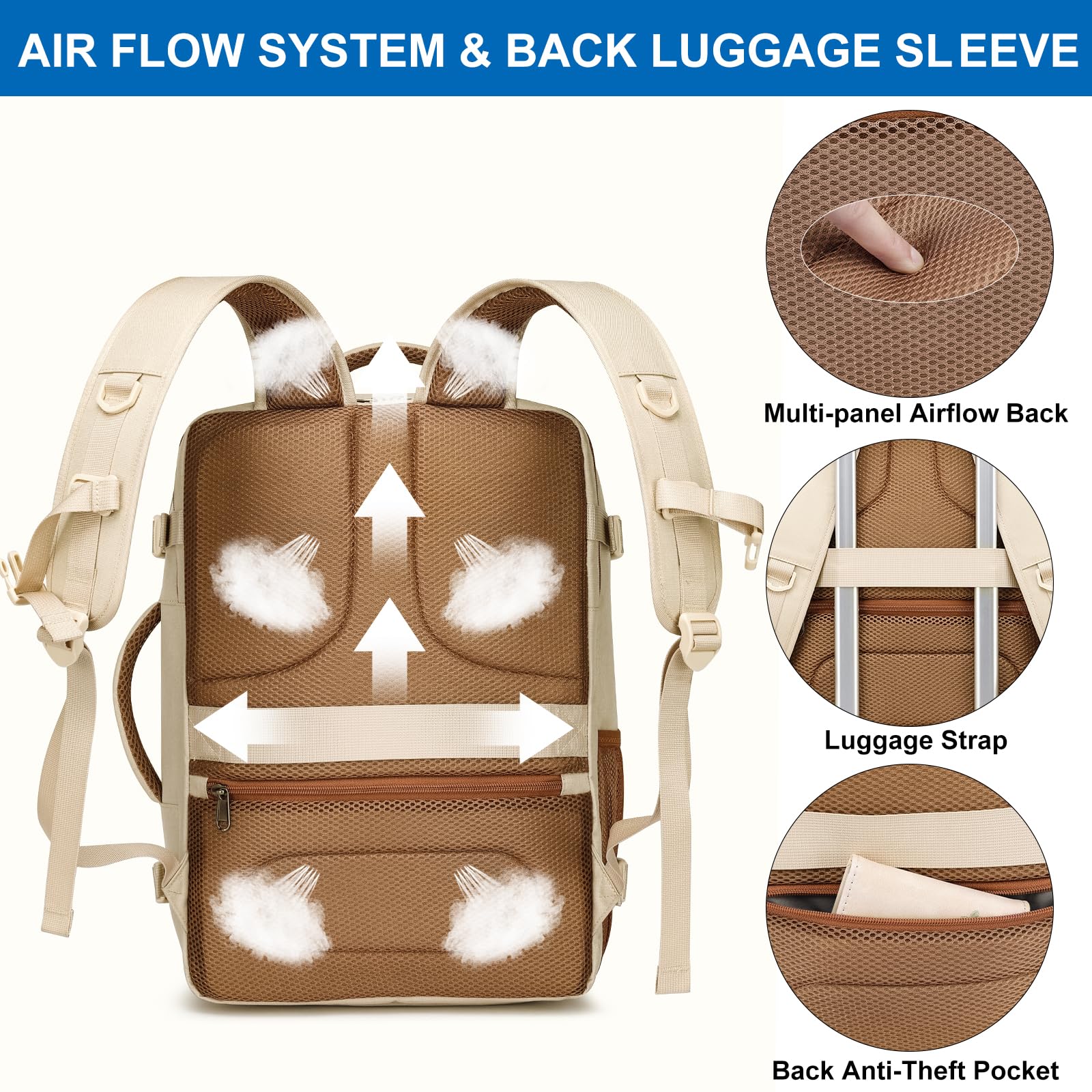 Travel Backpack for Women Airline Approved Carry On Backpack with Shoe Pouch,TSA 15.6inch Laptop Mochila Flight Approved Personal Item Bag for Weekender Overnight Bags Bookbag Travel Essentials,Beige — view 7