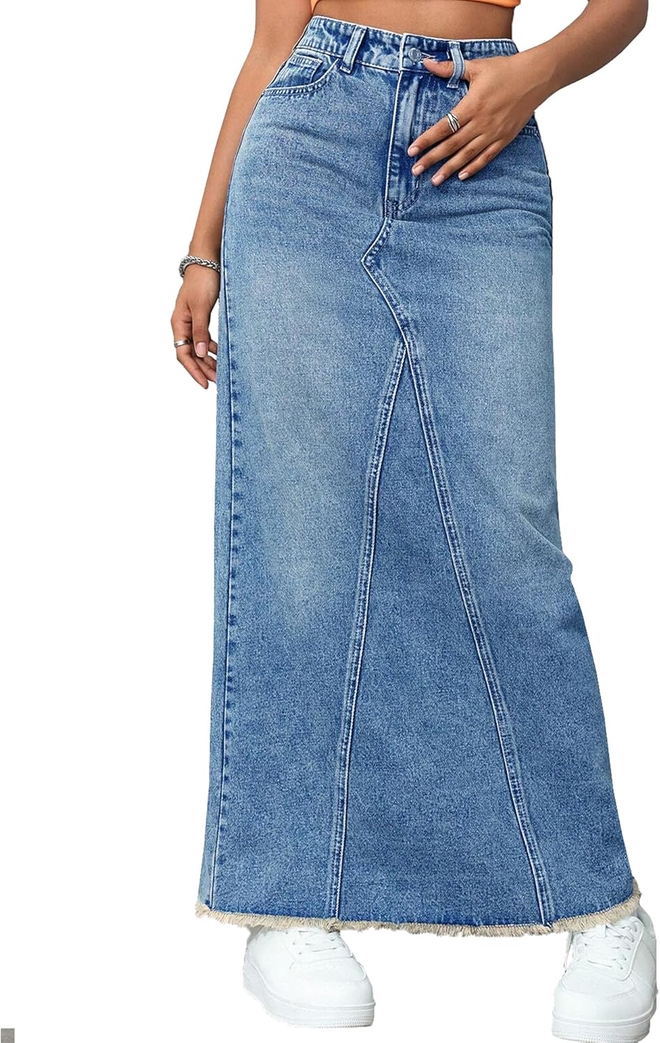 High Waisted Maxi Denim Skirt Frayed Raw Hem Casual A line Long Jean Skirt with Pockets